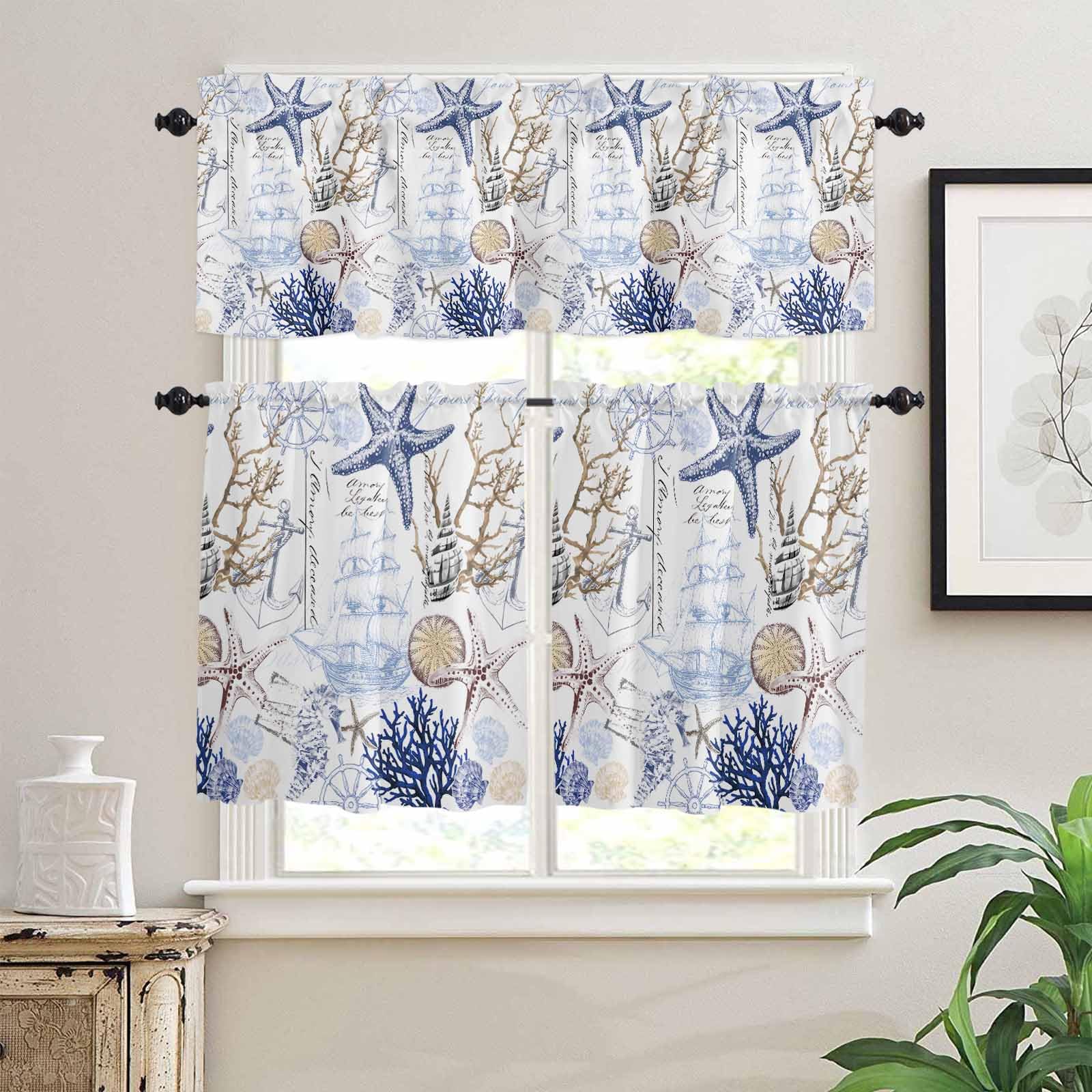 Blue Brown Coastal Kitchen Curtains 36 Inch Length,3 Piece Rod Pocket Small Half Tiers and Valance Set,Summer Beach Nautical Coral Starfish Small Large Window Treatment Decor for Bedroom/Bathroom