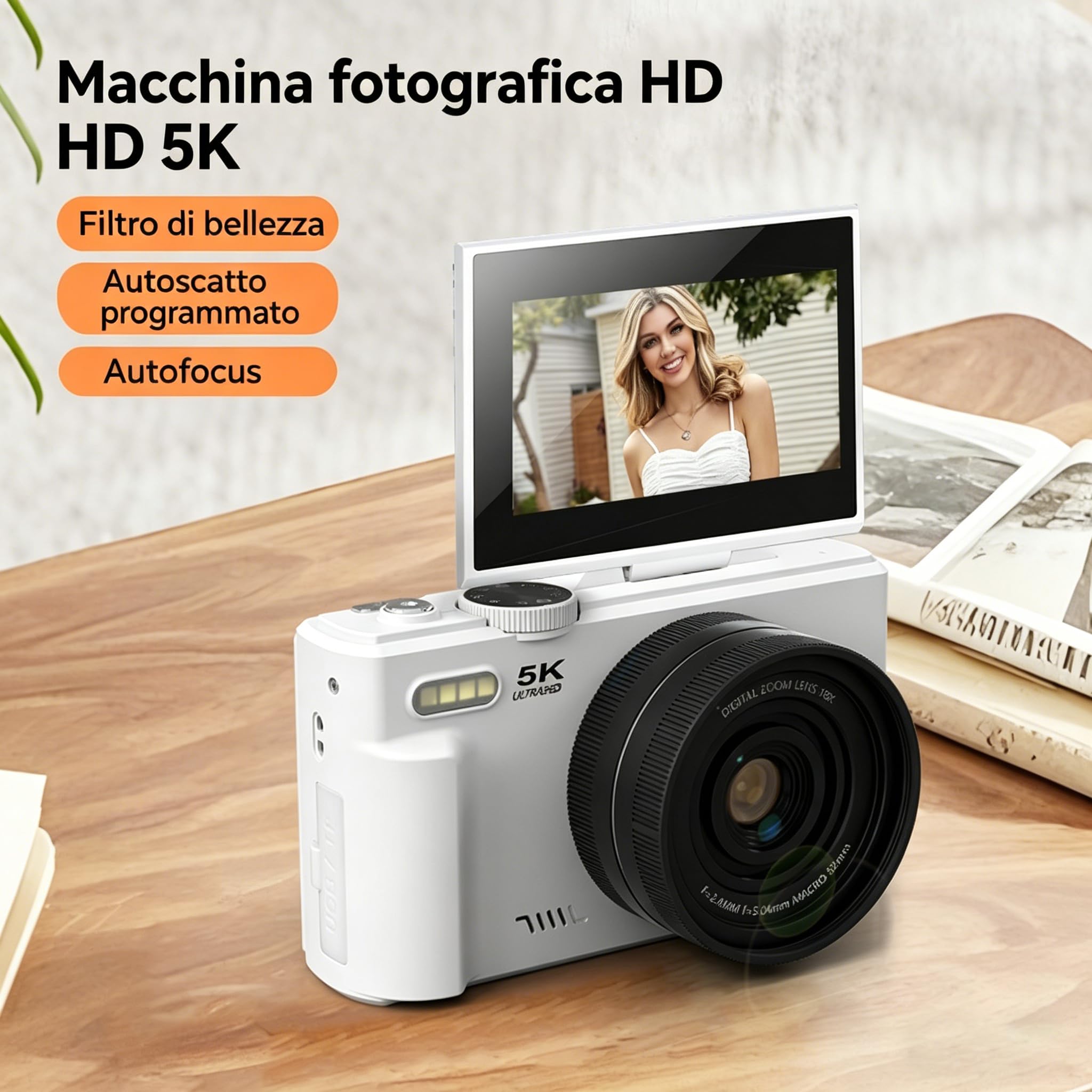 Optinexo 5K Digital Compact Camera Digitale con 18X Zoom Ottico, Schermo Orientabile 180°, 75 Milioni di Pixel, Scheda di Memoria 64 Gb Inclusa, Ideale per Viaggiatori e Principianti