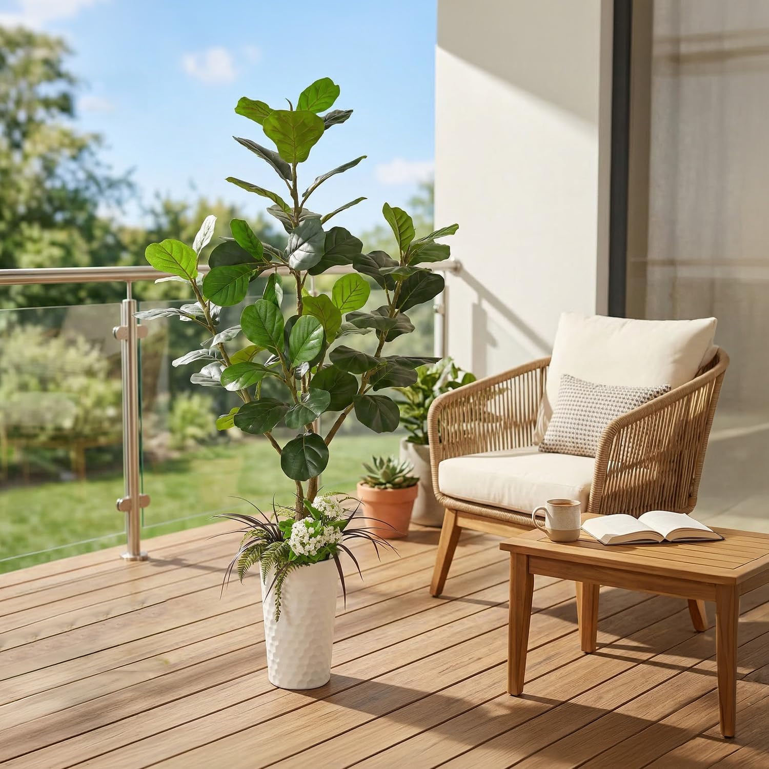 6FT Artificial Fiddle Leaf Fig Tree, Faux Fig Tree with White Planter Filled with Greenery & Fixed Tray for Stability, Sturdy Trunk & Lifelike Leaves Artificial Fake Tree for Home Office Indoor Decor