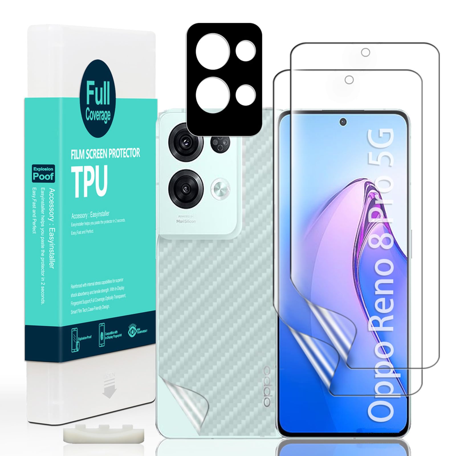 Screen Protector For Oppo Reno 8 Pro 5G(6.7 Inches),with 2Pcs Flexible TPU Film,1Pc Camera Lens Protector,1Pc Backing Carbon Fiber Film [Fingerprint Reader,Easy to install]