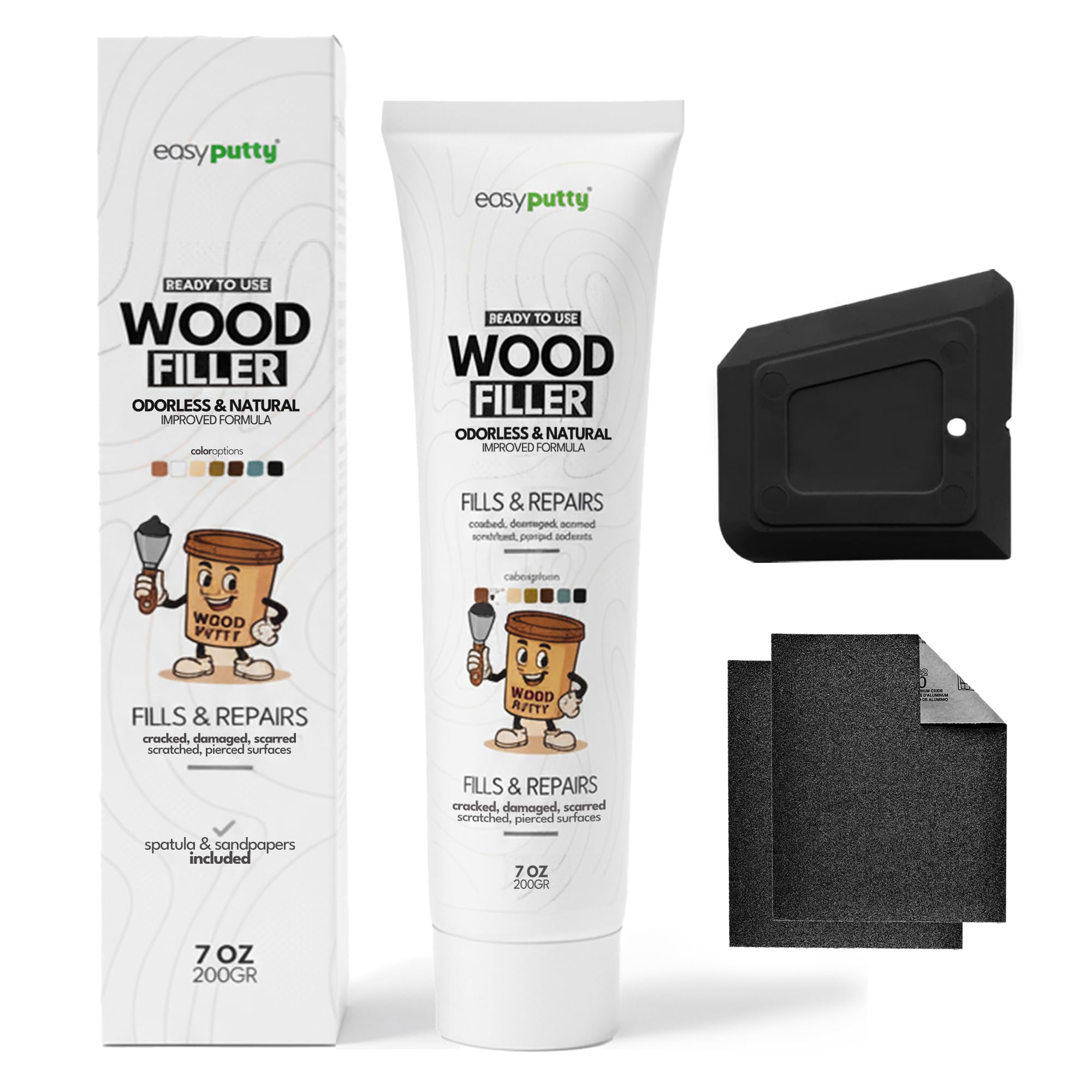 Wood Filler - Wood Putty for Furniture Repairs, Wooden Cabinets, Doors, Tables - Indoor & Outdoor Use - Includes Sandpapers / 200g (Black)