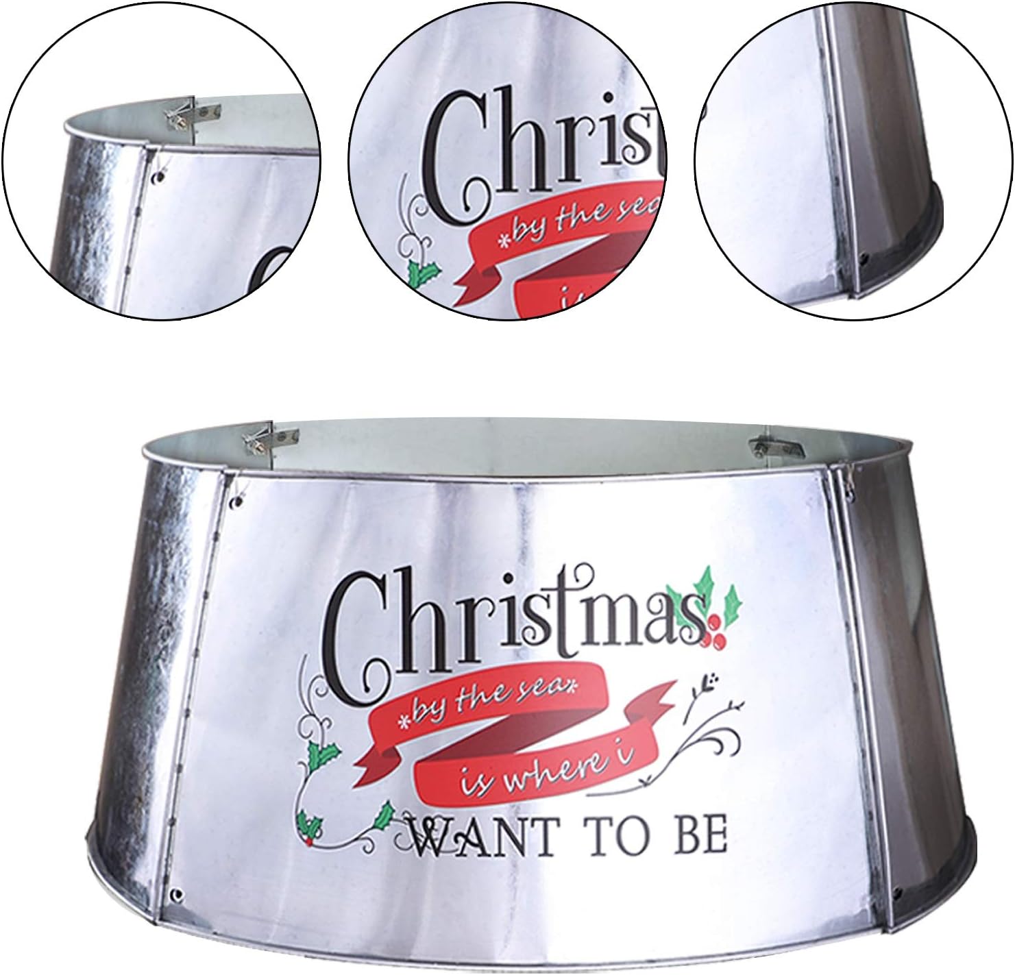 MorTime Metal Christmas Tree Ring with Printed Red Ribbon Pattern, Bottom 21 Inch Diameter Christmas Tree Decor for Winter Home Decoration, 4 Pieces