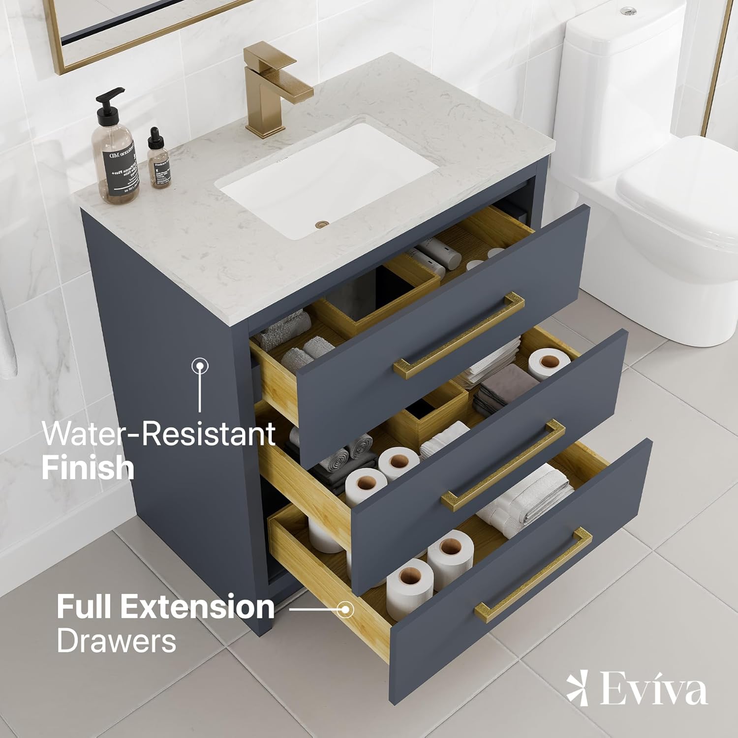 Eviva Curio 30 in. Dark Blue Single Sink Bath Vanity with Carrara Quartz Top and Undermount Porcelain Sink