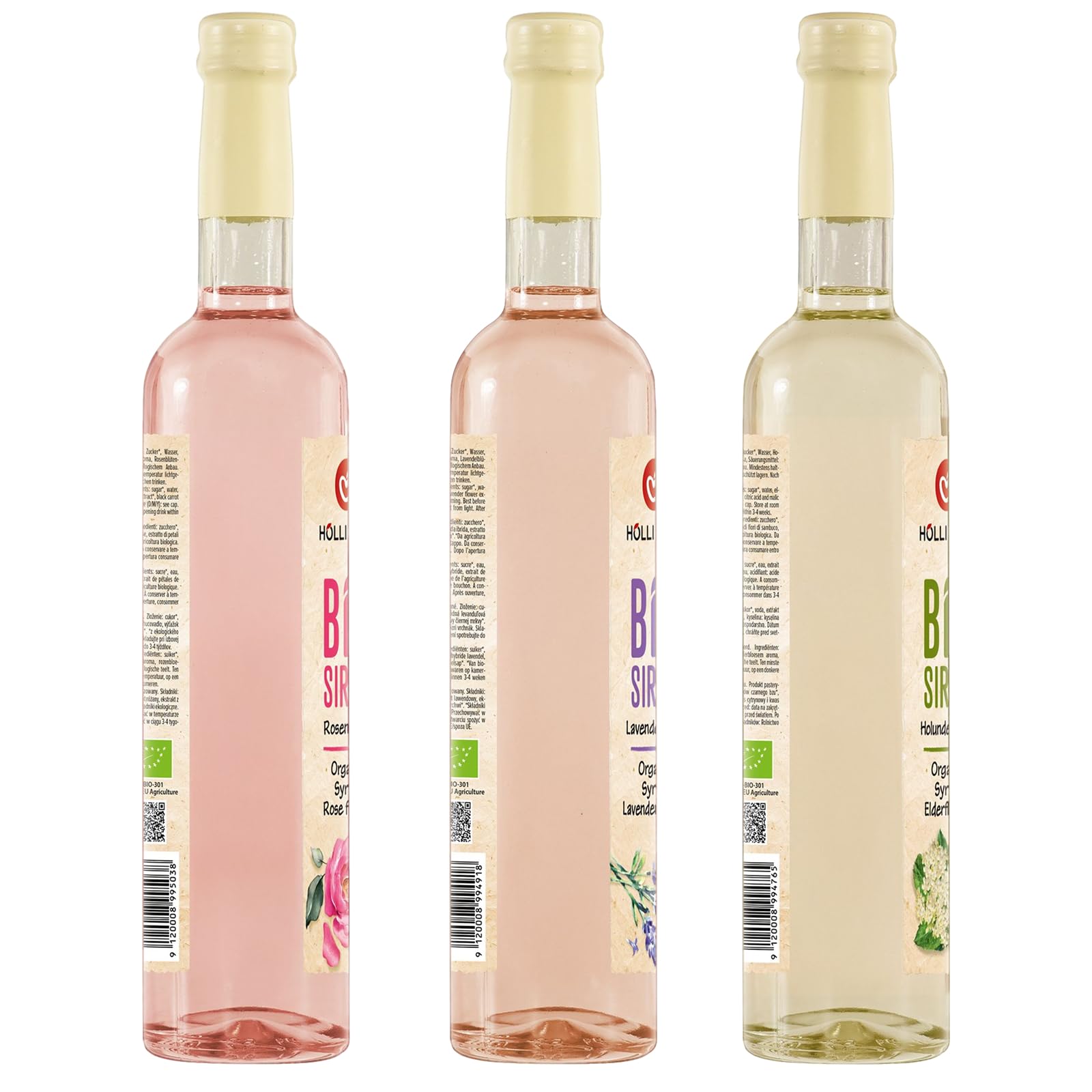 Höllinger Bio Blütensirup Set, Lavendelblüte, Rosenblüte, Holunderblüte, Vegan, 3 x 500ml, Getränkesirup ohne Konservierungsstoffe