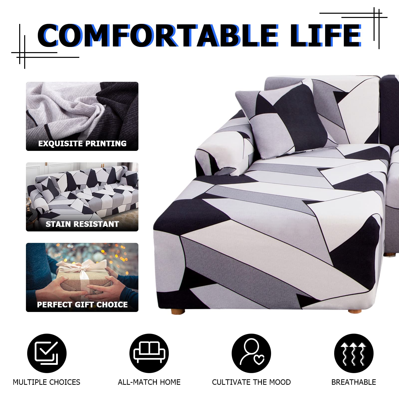 Lydevo Copridivano con Penisola Elasticizzato,Copridivano Angolare a Sinistra/Destra Universale con 2 Federi,Fodere Divano Penisola Forma di L,Chaise Longue Sofa Cover(3 Posti+3 Posti,Geometria Nera)