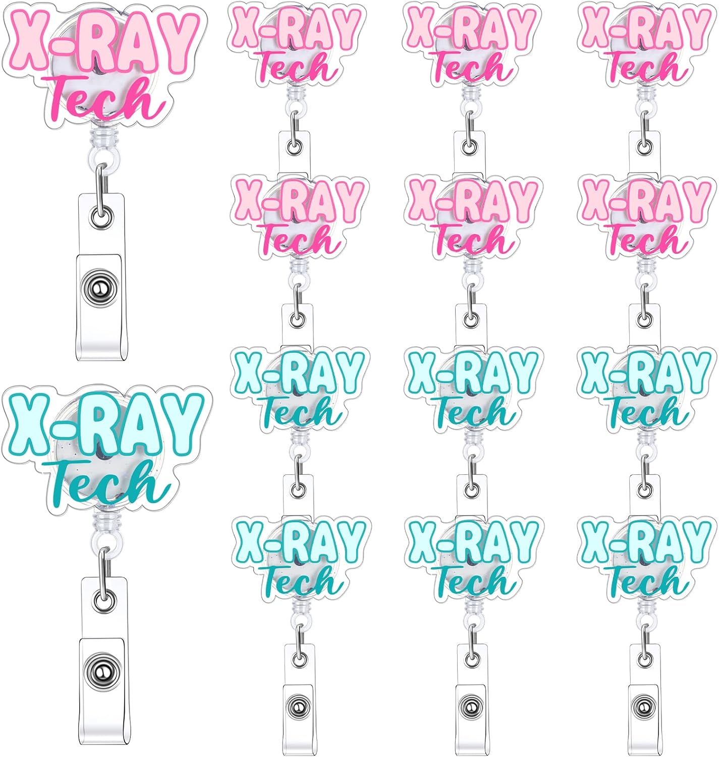 12 Pcs X-Ray Tech Badge Reel Tech Gift Bulk Acrylic Retractable Radiology Technology ID Badge Holders Pink Blue X-Ray Marker Holder for Graduation Radiologist Assistant MRI Technician