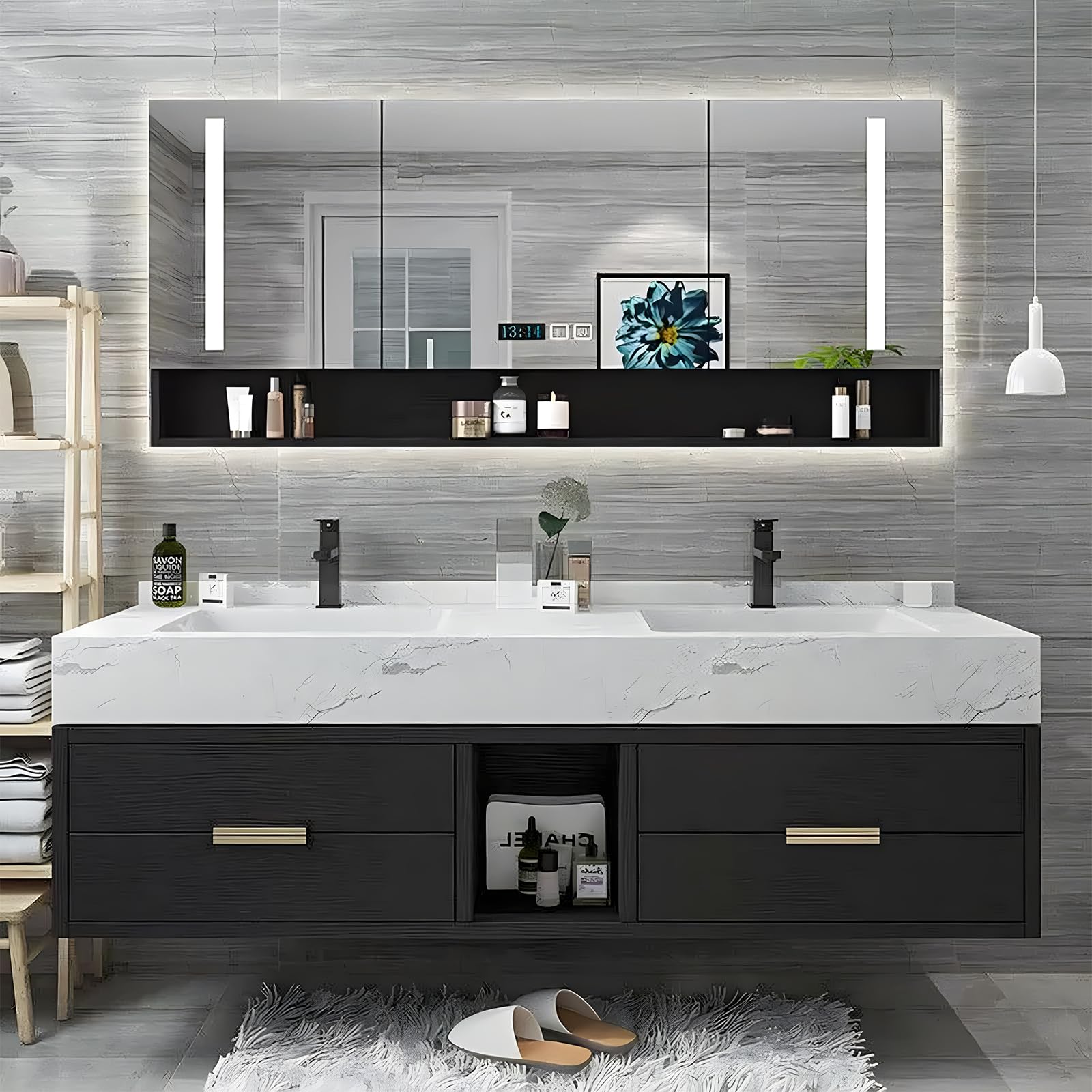 72" Double Sink Bathroom Vanity,Floating Bathroom Vanity with Double Sink, Solid Wood Bathroom Vanity Includes Open LED Smart Defog Mirror Cabinet & 4 Drawers Wall-Mounted Install,Black