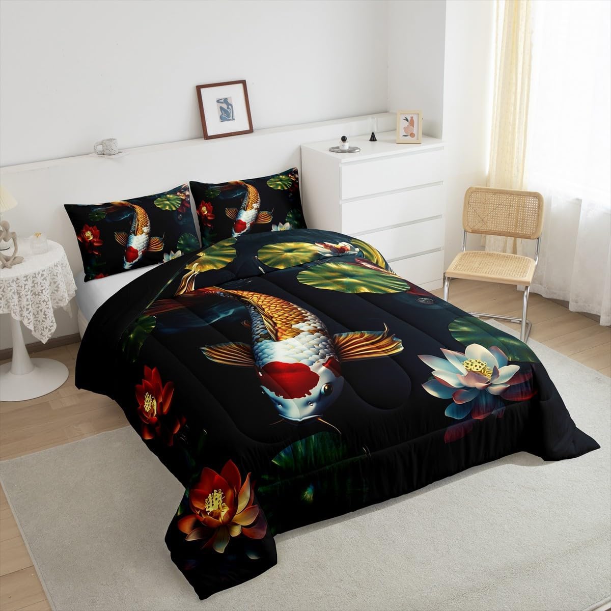 Manfei Japanese Koi Fish Queen Bedding Set for Kids Adults,Gold Red Carp Comforter Set Bed Set,Boys Girls Japanese Style 3 Pieces Quilt Set,Farmhouse Style Duvet Insert,2 Pillow Cases
