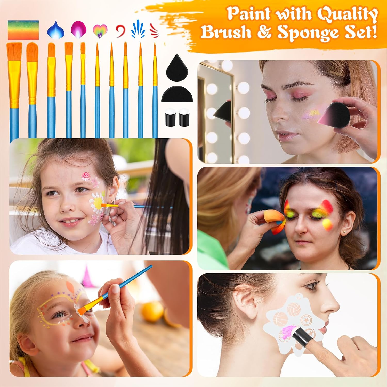 Face Painting Kit for Kid Adult, 12x10gm Split Cake FacePaint Palette WaterBased Paint With Stencil Brush Glitter Crayon, Professional Face Body Paint Set for Party Birthday Halloween Christmas Makeup