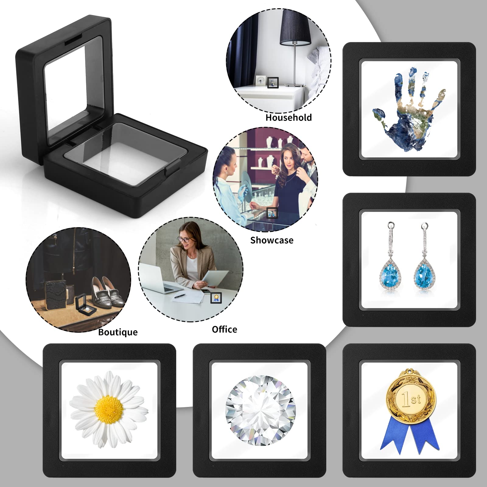 5 Pièces Vitrine Flottante, Présentoirs Transparents 3D, Support D'Affichage Cadre Flottant, PE Film, Avec Supports, Pour Pièce De Monnaie, Spécimens, Bijoux, Collier, Pierres (Noir