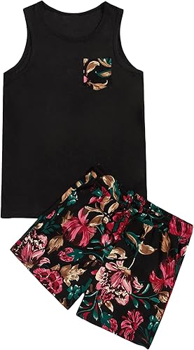 Miniatura 1 de GORGLITTER Conjunto de 2 piezas para hombre con estampado floral cintura elástica pantalones cortos sin mangas