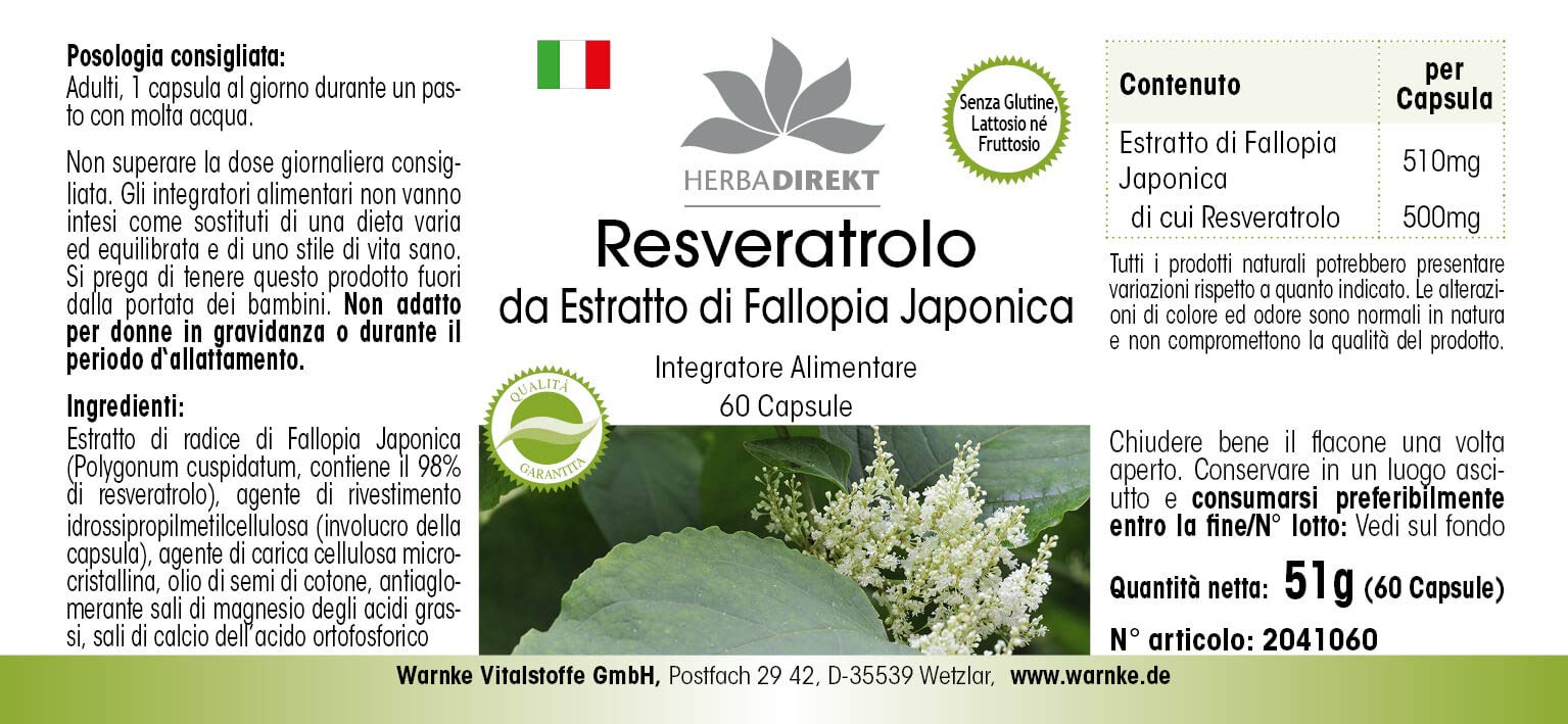 Resvératrol 500mg - extrait de la racine renouée du Japon - polygonum cuspidatum - Extrait - 60 capsules | Herba Direkt - Qualité des pharmacies allemandes