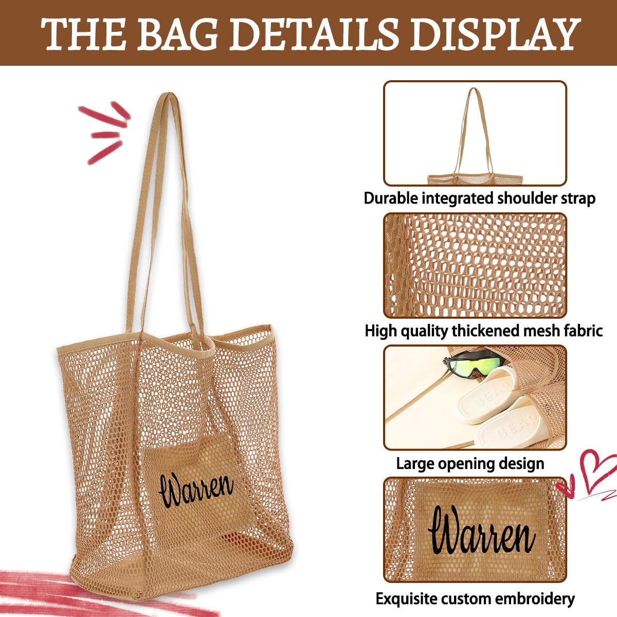 Ulico Personalized Beach Mesh Tote Bag for Women?Foldable Hobo Bag with Embroidered Name?Lightweight Shoulder Bag for Holiday,Travel,Vacation Beach Accessories