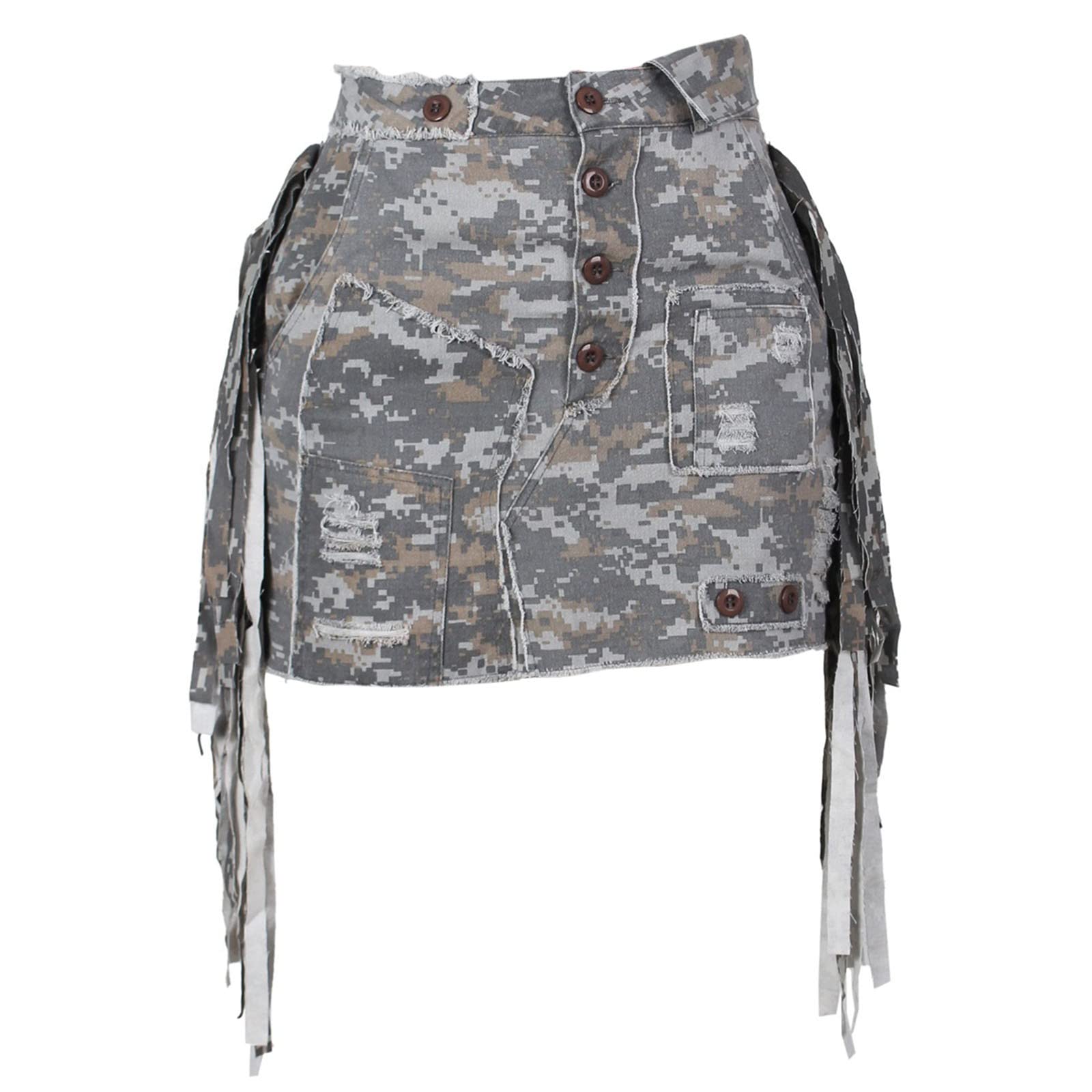 2026 Rock Damen Frauen Mode Camo Cargo Rock High Split Button Ripped Saum Camouflage Mini Röcke Mit Taschen