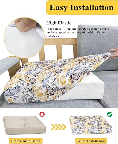 Miniatura 5 de Fundas de cojín elásticas para sofá con estampado de flores amarillas, azules y marrones, con parte inferior elástica, fundas protectoras lavables