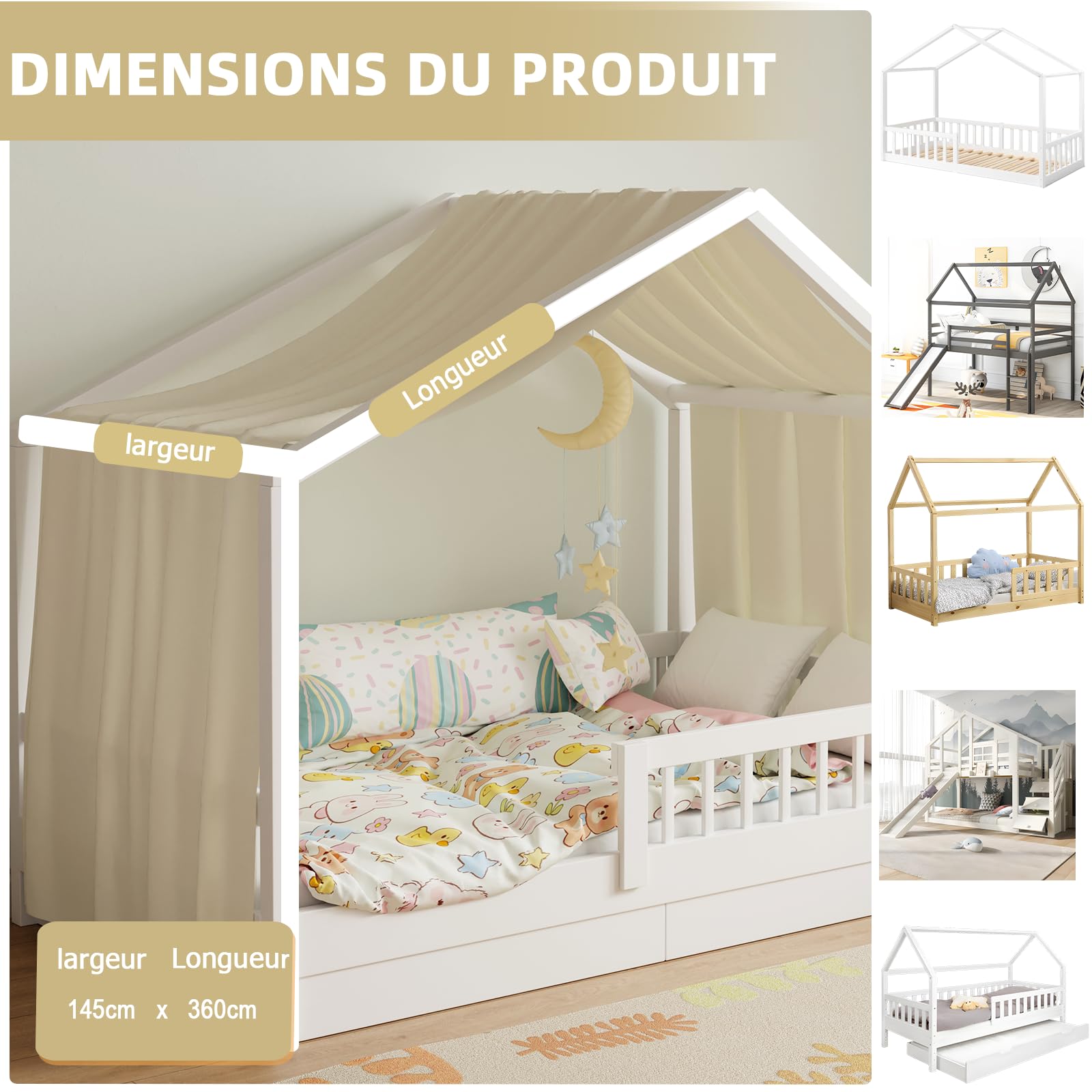 Lit Cabane Enfant, Ciel de Lit Cabane avec 1 Pièces Rideaux, Baldaquin Ciel en Tissu Doux Respirant, Ensemble de Décoration pour Chambre Fille Garçon (Beige, 145x360cm)