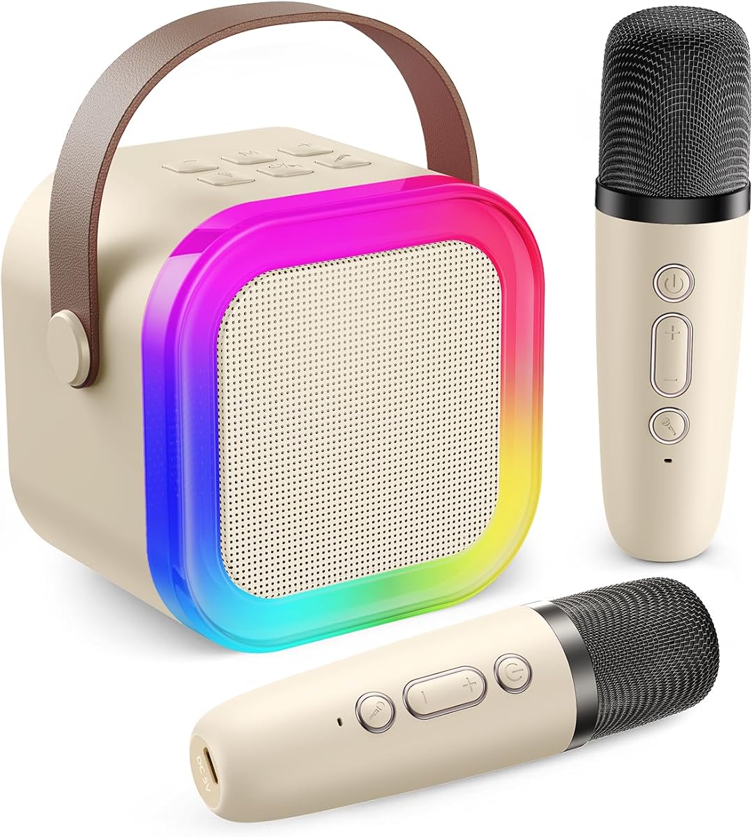 Karaoke Machine for Kids Adults, Mini Karaoke Machine with 2 Wireless Microphones, Portable Bluetooth Speaker with Voice Changing Effects & LED Lights, Best Gifts Toys for Girls and Boys