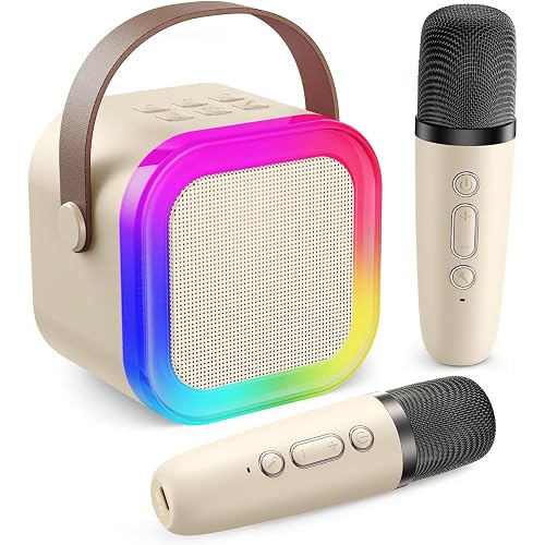 Karaoke Machine for Kids Adults, Mini Karaoke Machine with 2 Wireless Microphones, Portable Bluetooth Speaker with Voice Changing Effects & LED Lights, Best Gifts Toys for Girls and Boys