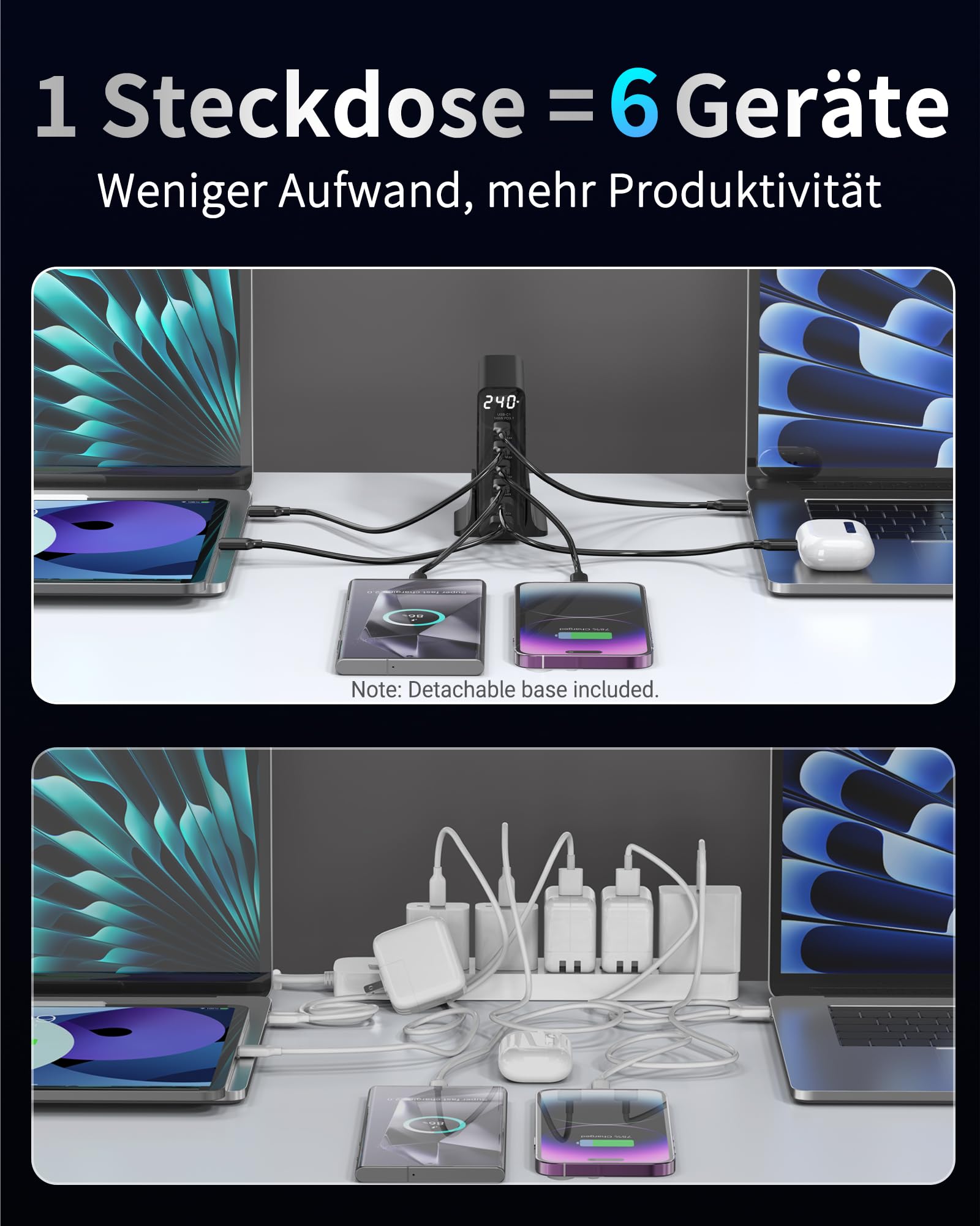 240W Ladegerät USB C, 6 Port PD3.1 GaN Ladegerät mit LED Display, Desktop ladestation Mehrfach für MacBook Pro/Air iPhone 17/16 Pro, iPad, Dell XPS, Galaxy, Pixel, Laptops und mehr, Schwarz
