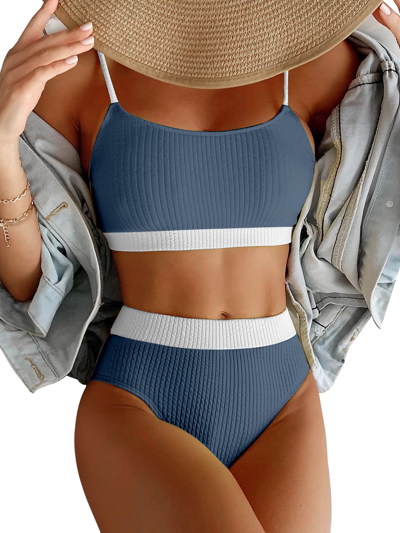 Lilosy High Waisted Tummy Control Ribbed Bikini Crop Top Brazilian Swimsuit Set 2 Piece