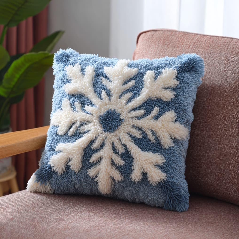 Taxpy DIY Latch Hook Pillow Kit Pre-Printed Hook and Latch Rug Kits Snowflake 17X17 Inch.Cross-Stitch Embroidery Cushion Cover for Home Sofa Decoration