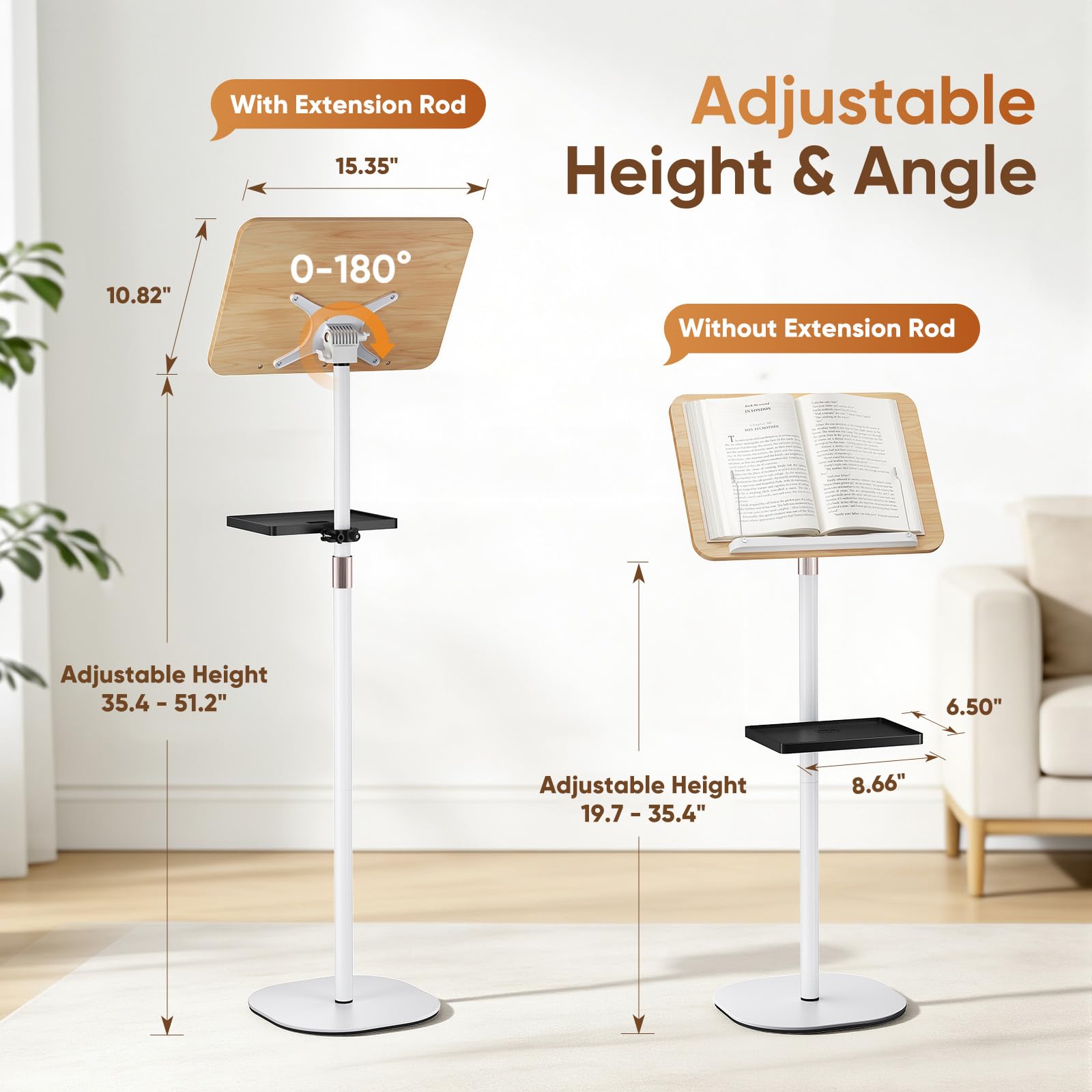 Leggio da pavimento 2 in 1, leggio per musica con vassoio rimovibile, altezza regolabile da 50 a 130 cm, supporto per lettura e lettura per laptop, supporto pieghevole con clip per pagine per libri di