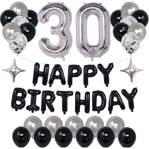 30th Black Silver Birthday Party Decorations for Men Women, Happy 30 Birthday Party Supplies with Black Happy Birthday Banner,30 Number Balloons, Silver Foil Stars, Happy Birthday Balloons for 30th Birthday