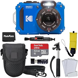 Kodak PIXPRO WPZ2 Rugged Waterproof Shockproof Digital Camera 16MP 4X Optical Zoom 1080P Full HD Video, 2.7 LCD (Blue), 32GB SD Card, Black Compact Camera Case, Floating Strap, Bundle (7 Items)