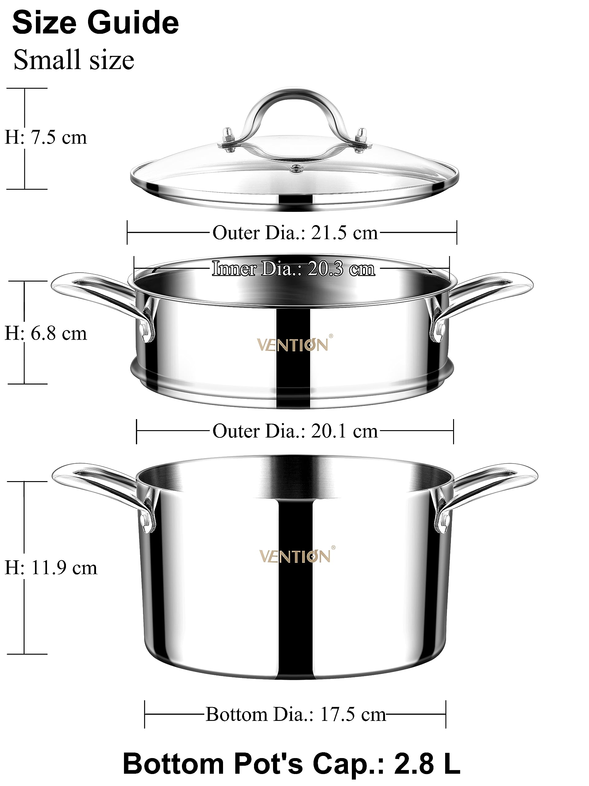 VENTION Couscoussier 2,8 L, Cuiseur Vapeur 20 cm, Cuit Vapeur INOX, Acier Inoxydable 3 Couches