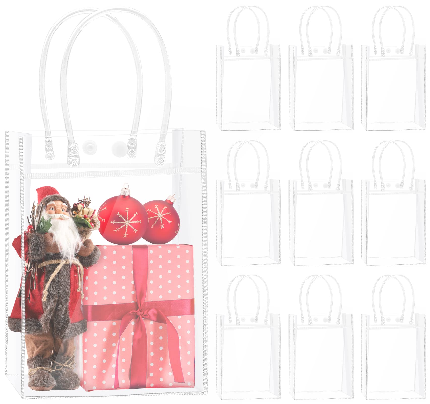 inheming 10 PCS Clear Gift Tote Bags for Christmas, 5.9 x 2.8 x 7.9 inch Transparent Gift Wrap Bag with Handles, Reusable Shopping Retail Business Boutique Birthday Wedding Party Favor Bags