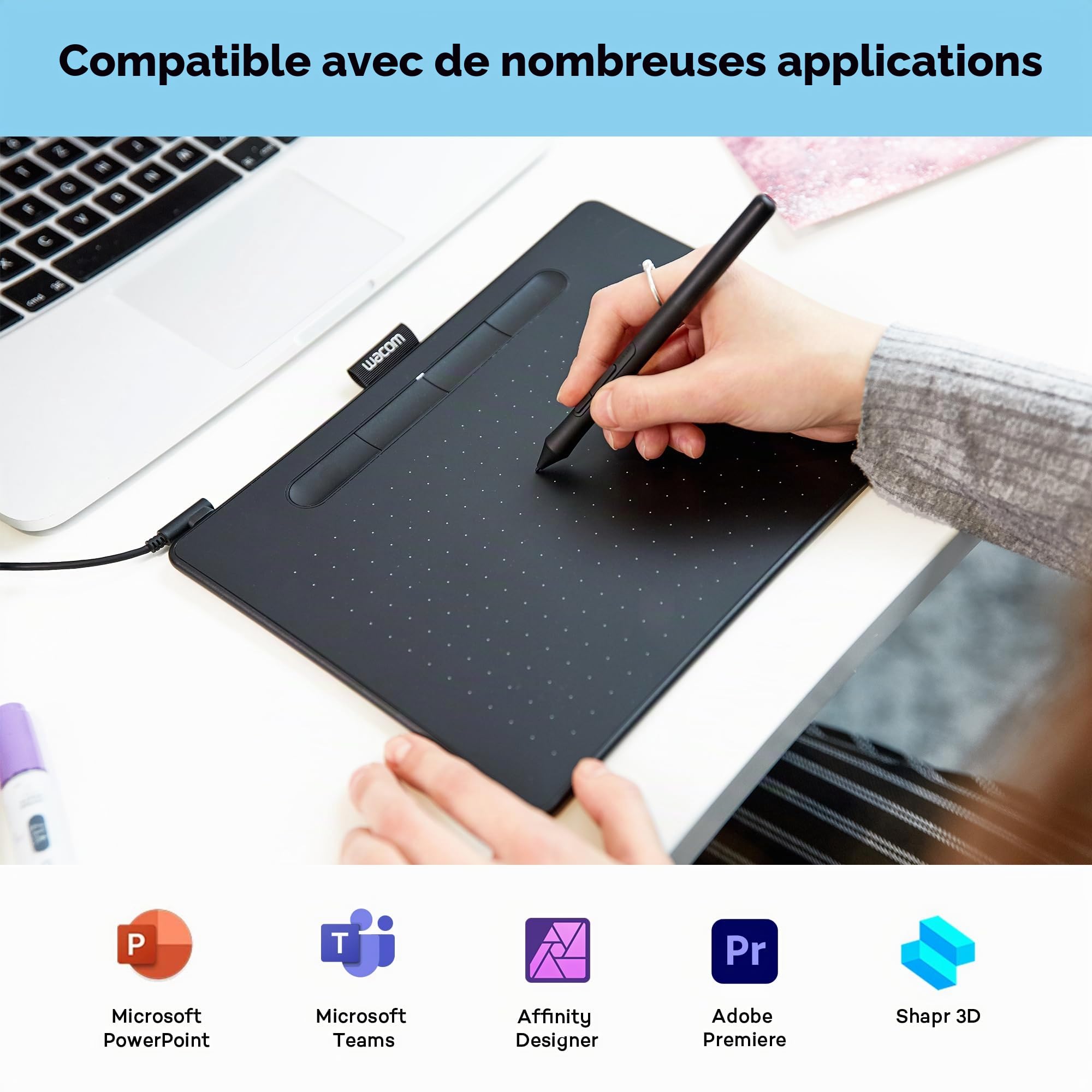 Wacom Intuos Medium Tablette Dessin - Tablette Graphique pour la Peinture, Le Dessin et la retouche Photo avec Stylo Sensible à la Pression Noir - Idéal pour Le télétravail et la Formation en Ligne