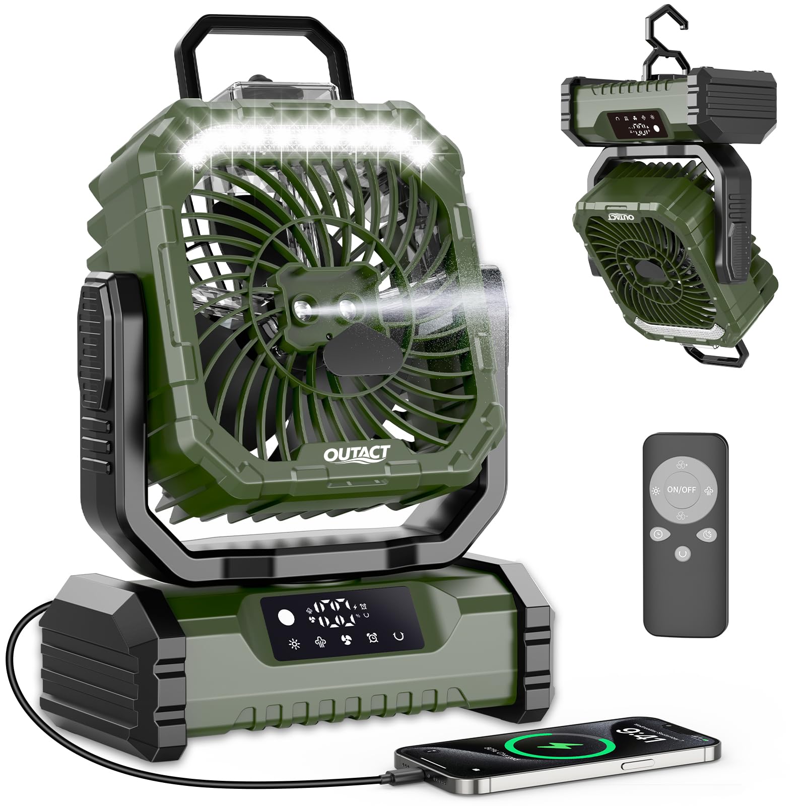 Ventilator Camping mit Sprühnebel, Akku Ventilator 20000mAh mit LED Licht, Haken, 270° Drehung, Tragbarer V-entilator für Outdoor-Enthusiasten beim Camping und Grillen - Grün