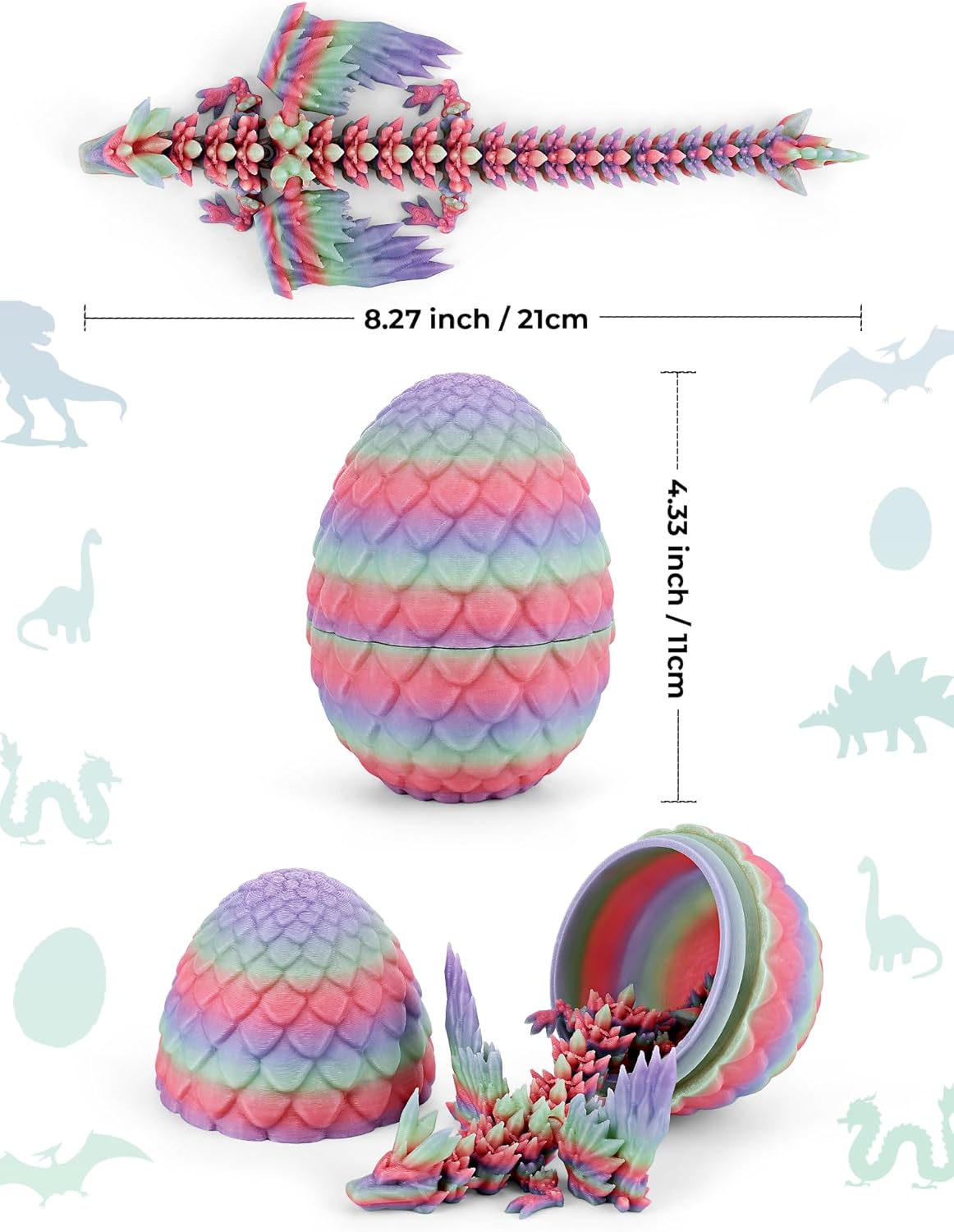 Cessfle Prefilled Easter Eggs with 3D Printed Dragon with Wings Inside, 8" 3D Articulated Crystal Winged Dragon Egg, Easter Basket Stuffers for Boys Kids Teen 4-6 5-7 8-12 (Luminous Rainbow) - Image 6