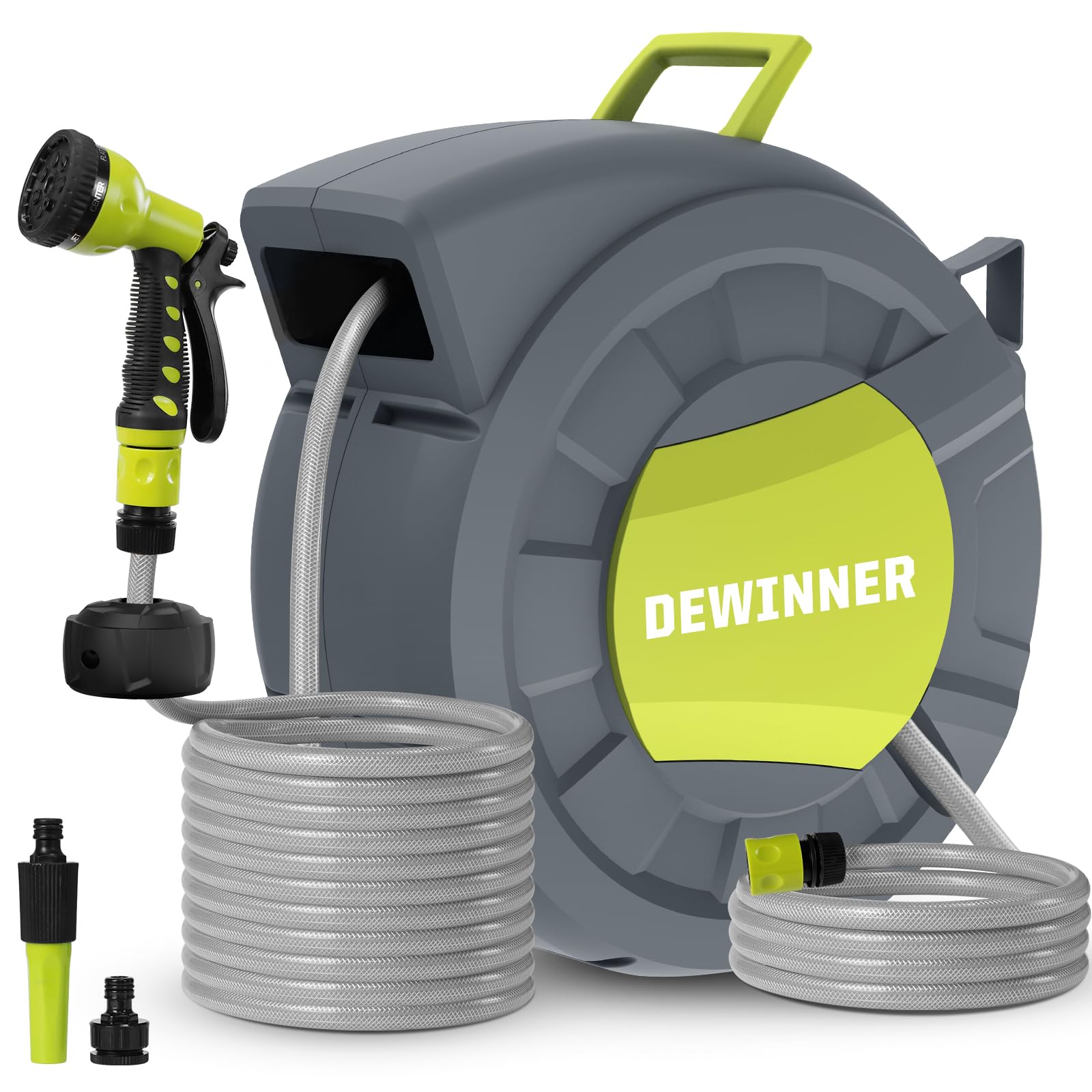 DEWINNER Avvolgitubo da Giardino 30M, con Multi-Lancia, avvolgitubo orientabile Ugello a 8 Funzioni, 180° Giro, Pistola 7 Funzioni con Serbatoio, irrigazione esterna del tubo