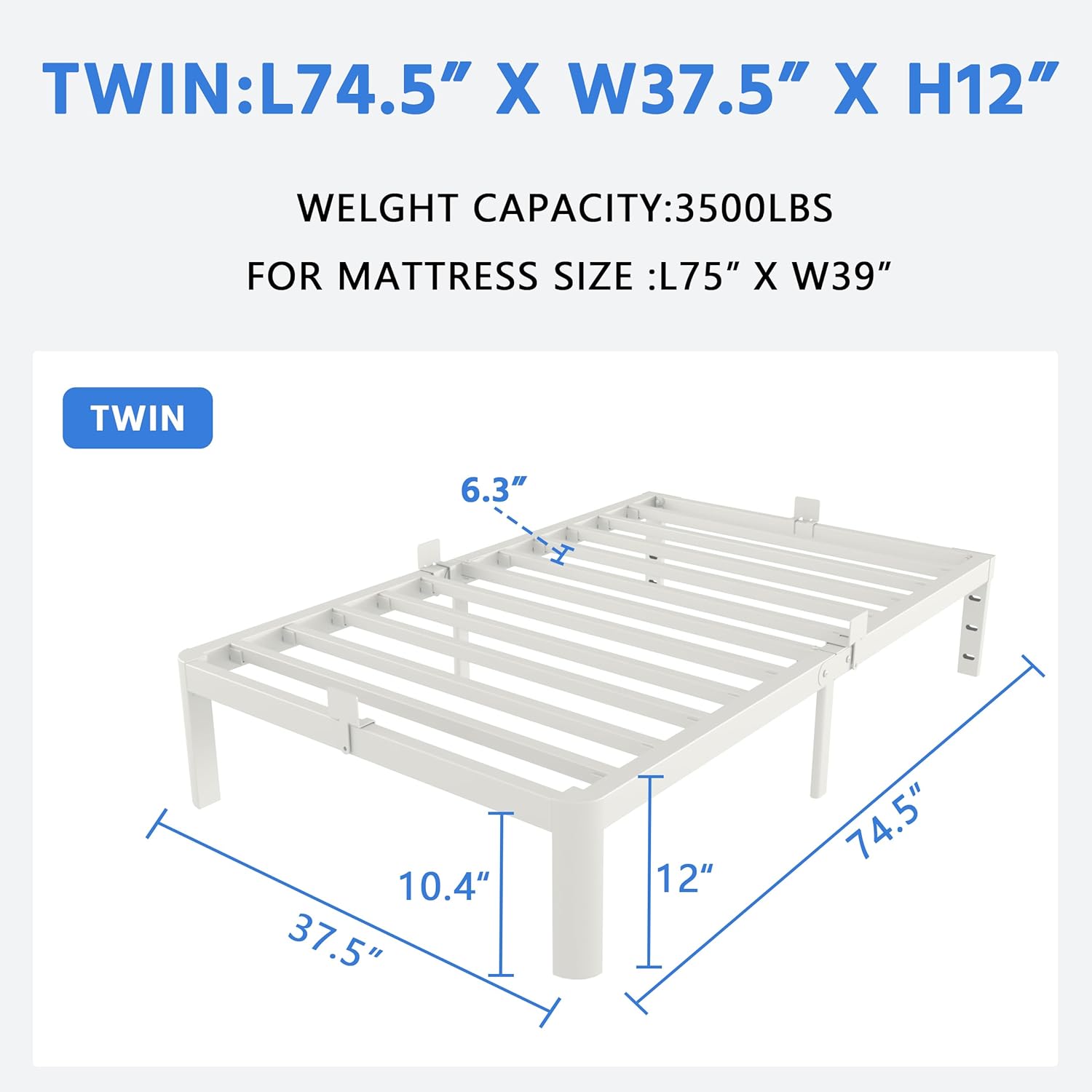 White Twin Size Bed Frames 12 Inch, Metal Platform Twin Bed Frame No Box Spring Needed, Heavy Duty Steel Support 3500 LBS, DIY Headboard, Round Legs, Noiseless, Storage Space, Easy Assembly - Image 3