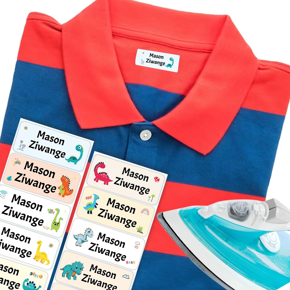 Personalised Iron on Name Labels for Clothes Kids Dino (37 x 15 mm) Washable and Waterproof Clothes Labels for Kids Name Tags for Clothes for Care Home Papa Prints®