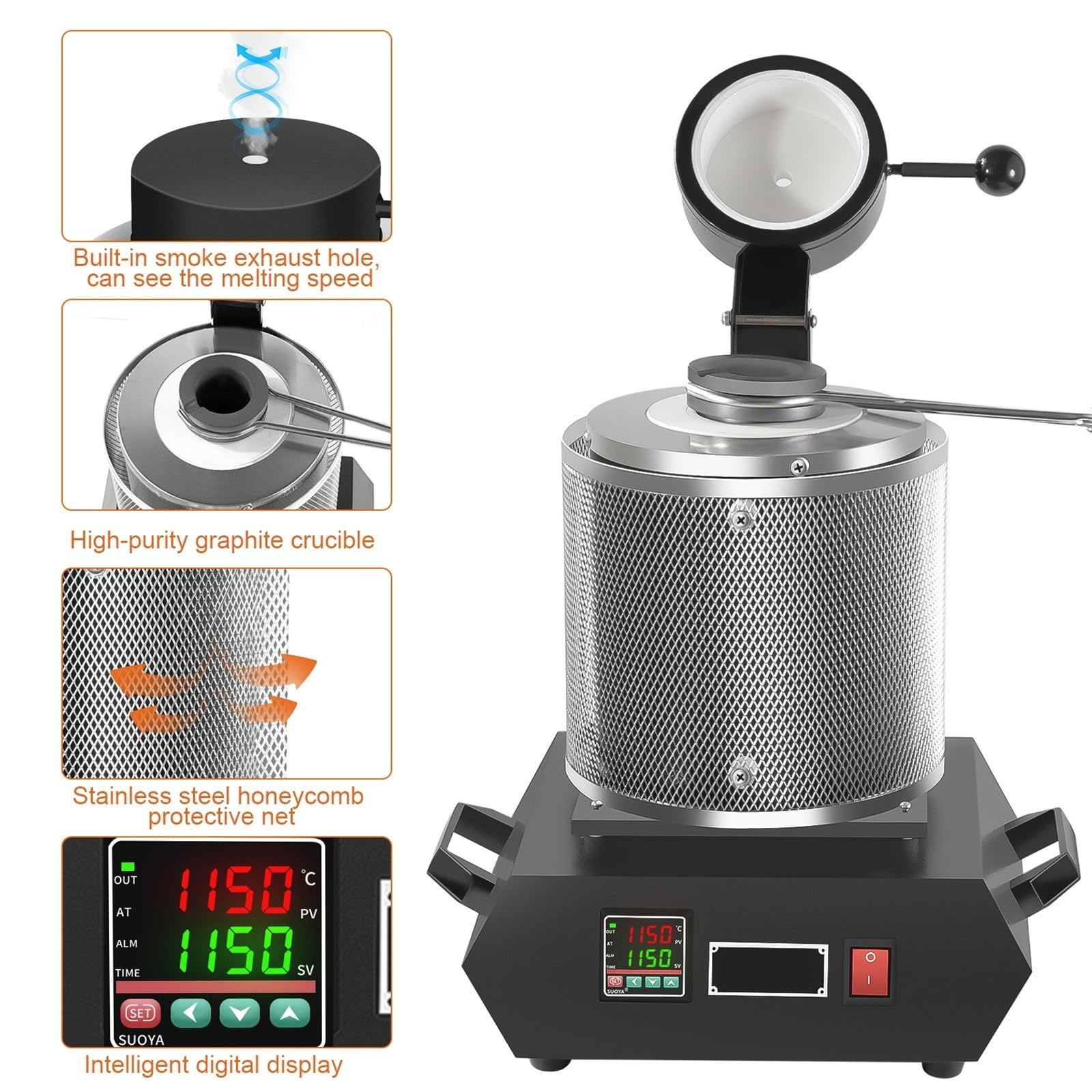 Elektryczny Piec do Topienia Zlota 1500W z Tyglem Grafitowym 1kg 2kg 3kg Cyfrowa Maszyna do Metali z Oslona dla Srebra Zlota Miedzi Aluminium Rafinacja Odlewnictwo Profesjonalne(3KG)