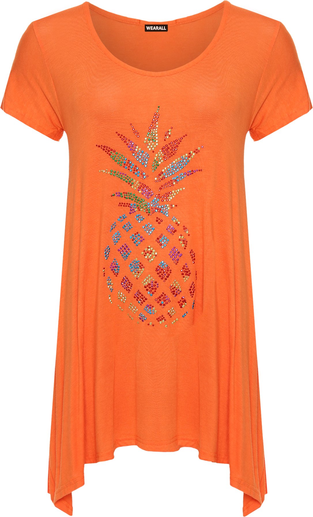 WearAll Womens Plus Diamante Pineapple Top Ladies Hanky Hem Short Sleeve Flared Top - Orange - 26-28