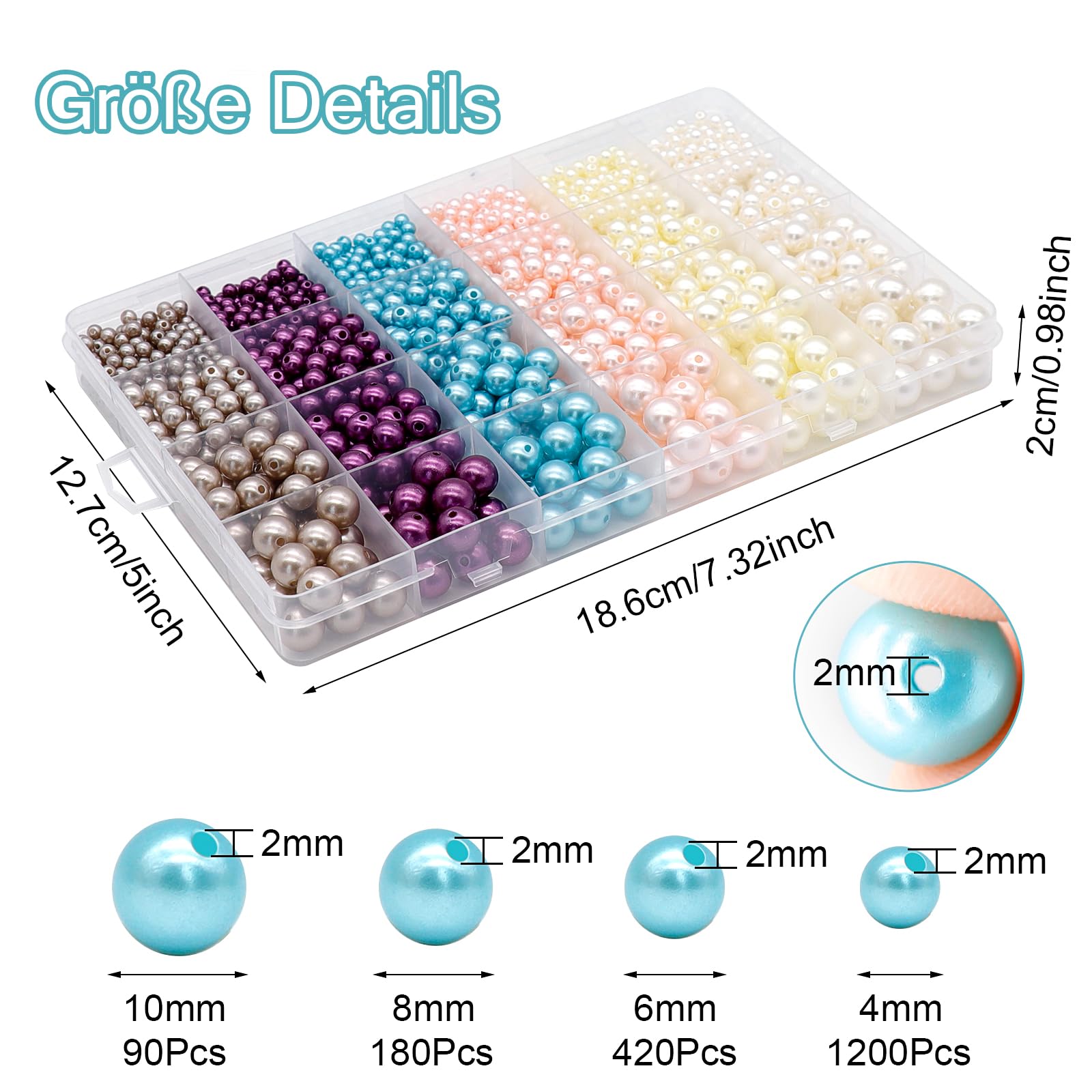 Kit 1890 Perline Per Creazione Gioielli – 6 Colori, Misure 4/6/8/10 Mm, In ABS Con Contenitore 24 Scomparti