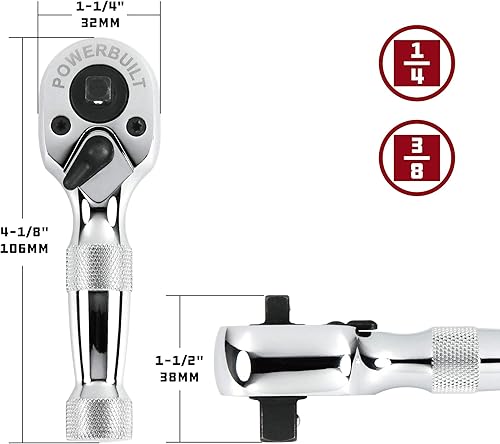 Miniatura 3 de Powerbuilt Trinquete rechoncho, trinquete de doble cabeza, accionamiento de 14 pulgadas y 38 pulgadas, interruptor reversible, 72 dientes, espacio