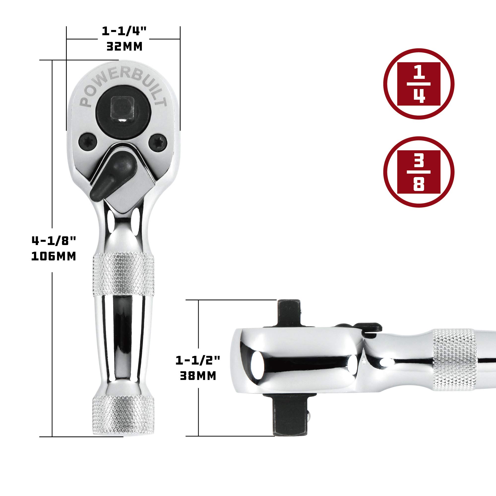 Powerbuilt Stubby Ratchet, Dual Head Ratchet, 1/4 Inch and 3/8 Inch Drive, Reversible Switch, 72 Tooth, Small Tight Space - Image 3