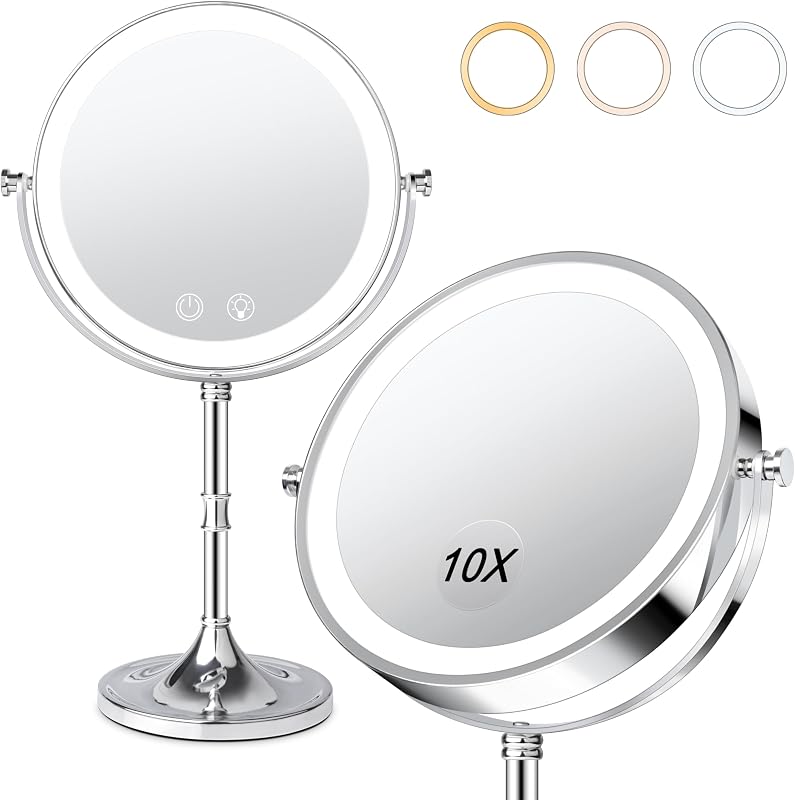 Fursourige Espelho redondo de maquiagem com luz, dupla face 1x/10x, rotação de 360° e bateria recarregável de 4000 mAh