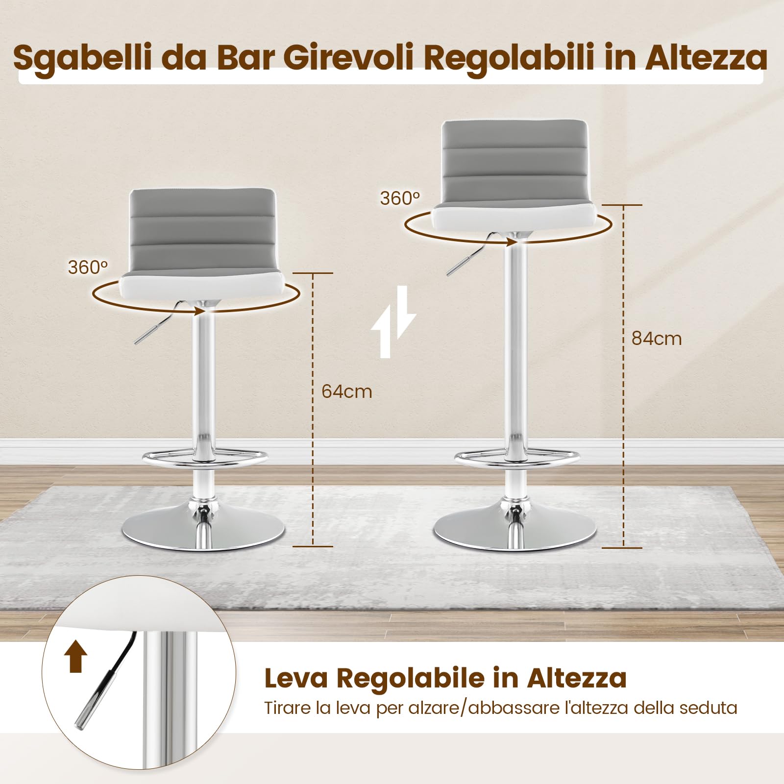 RELAX4LIFE Set di 2/4 Sgabelli da Bar, Sgabelli Regolabili e Girevoli con Base in Metallo Antiscivolo e Poggiapiedi, Sedie da Bar in Pelle PU senza Braccioli per Cucina, Pub, Caffè, Grigio & Bianco