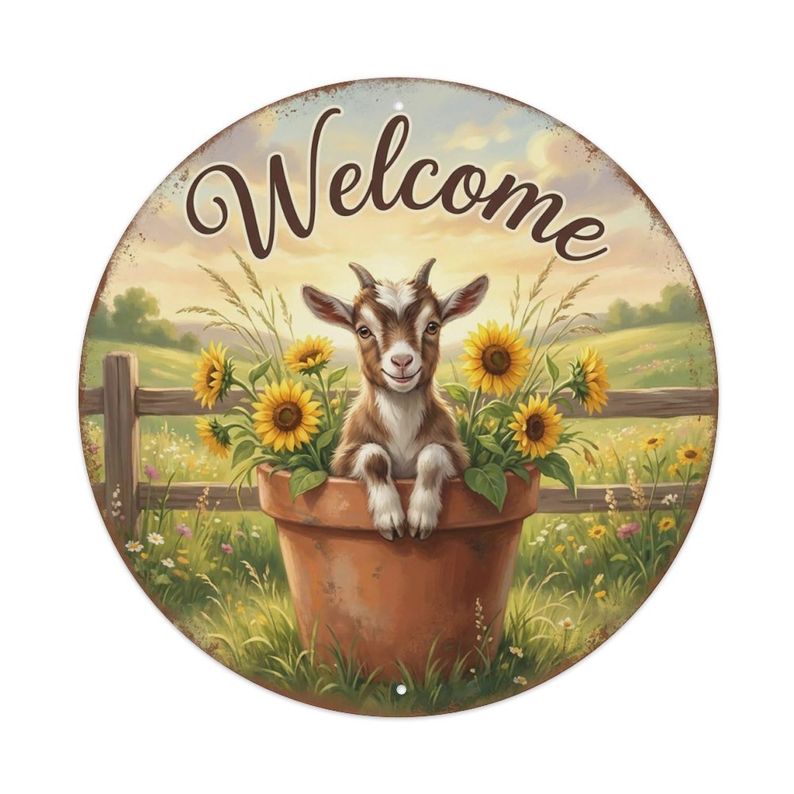 Welcome Goat Sunflower Patch Vintage Metal Tin Sign Plaque Wall Decor for Cafe, Club Bar, Office, Garden Metal Poster 8x8Inch