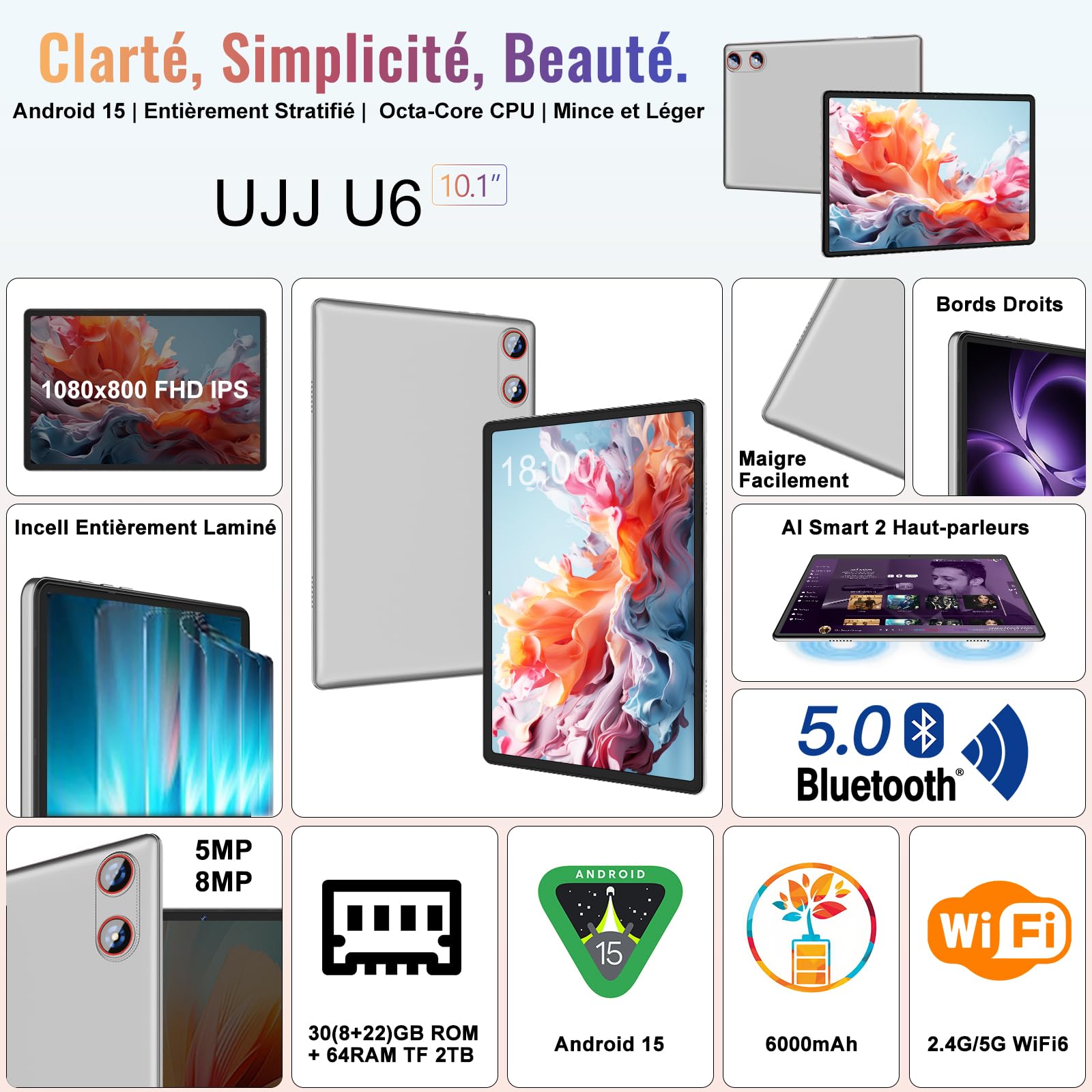 Tablet 10 Pollici Android 15 ｜30GB RAM + 64GB ROM (TF/2TB)｜5G WiFi 6｜Octa-Core｜ 5MP + 8MP｜ GMS｜1280 * 800 FHD｜Doppia fotocamera ｜Bluetooth 5.0｜ 2026 Tablet 2 in 1 con Tastiera e Mouse,Argento