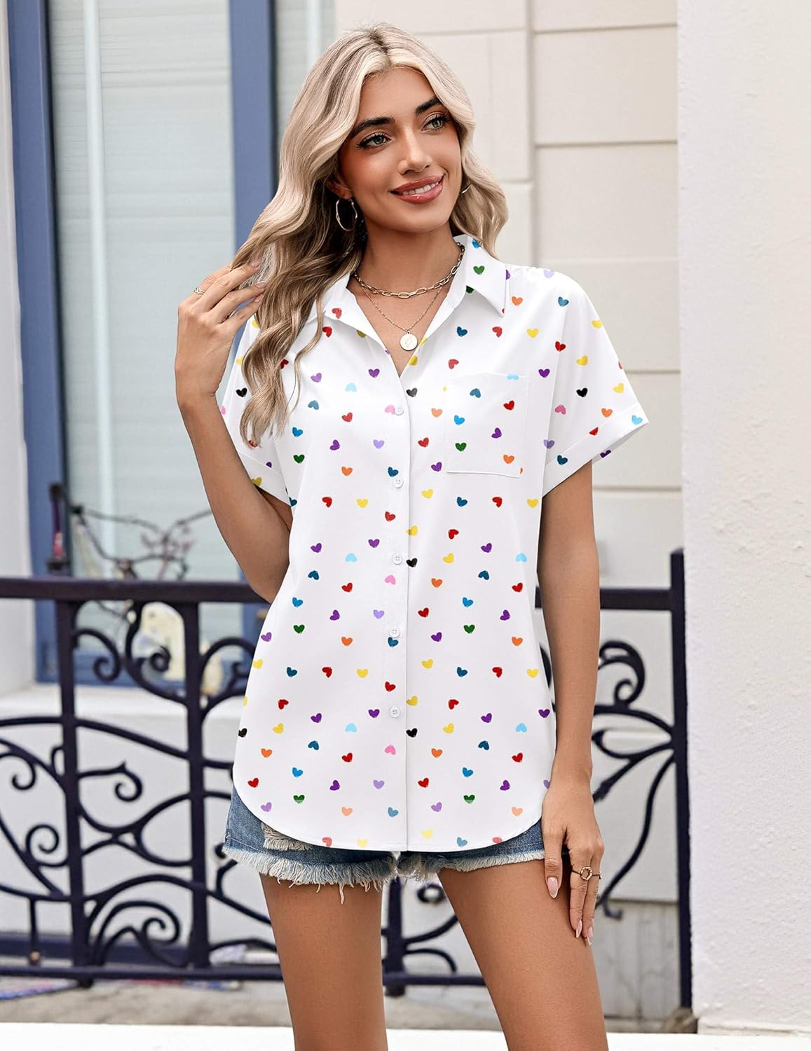 Zeagoo Womens Button Down Shirt Short Sleeve Blouse V Neck Dressy Casual Business Work Tops with Pocket S-XXL - Image 3