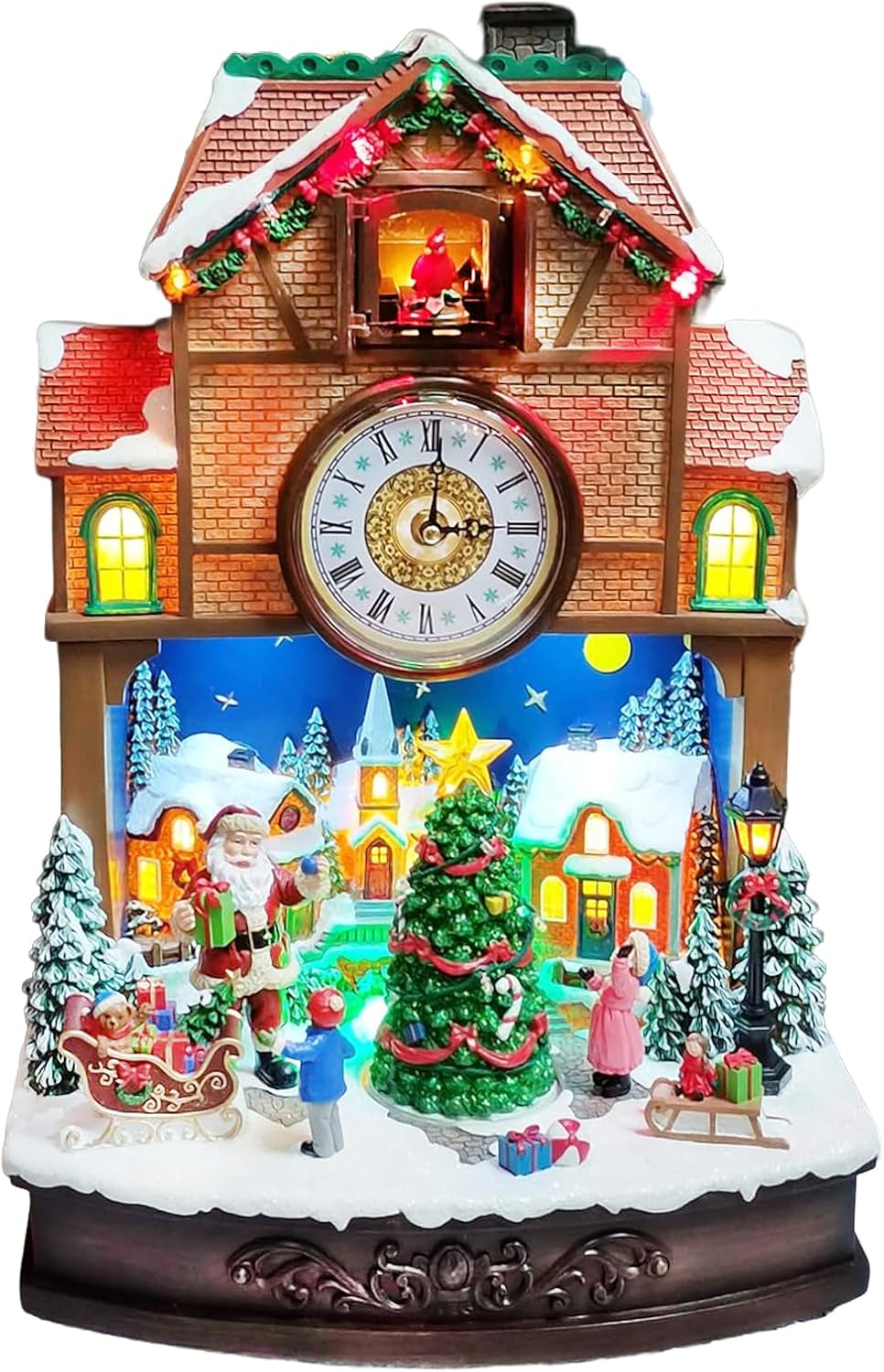 MOMENTS IN TIME Christmas Village Cuckoo Clock Animated Santa & Tree Scene with LED Lights and Music Plug-in Adapter Holiday Tabletop Decoration (17.5”H)