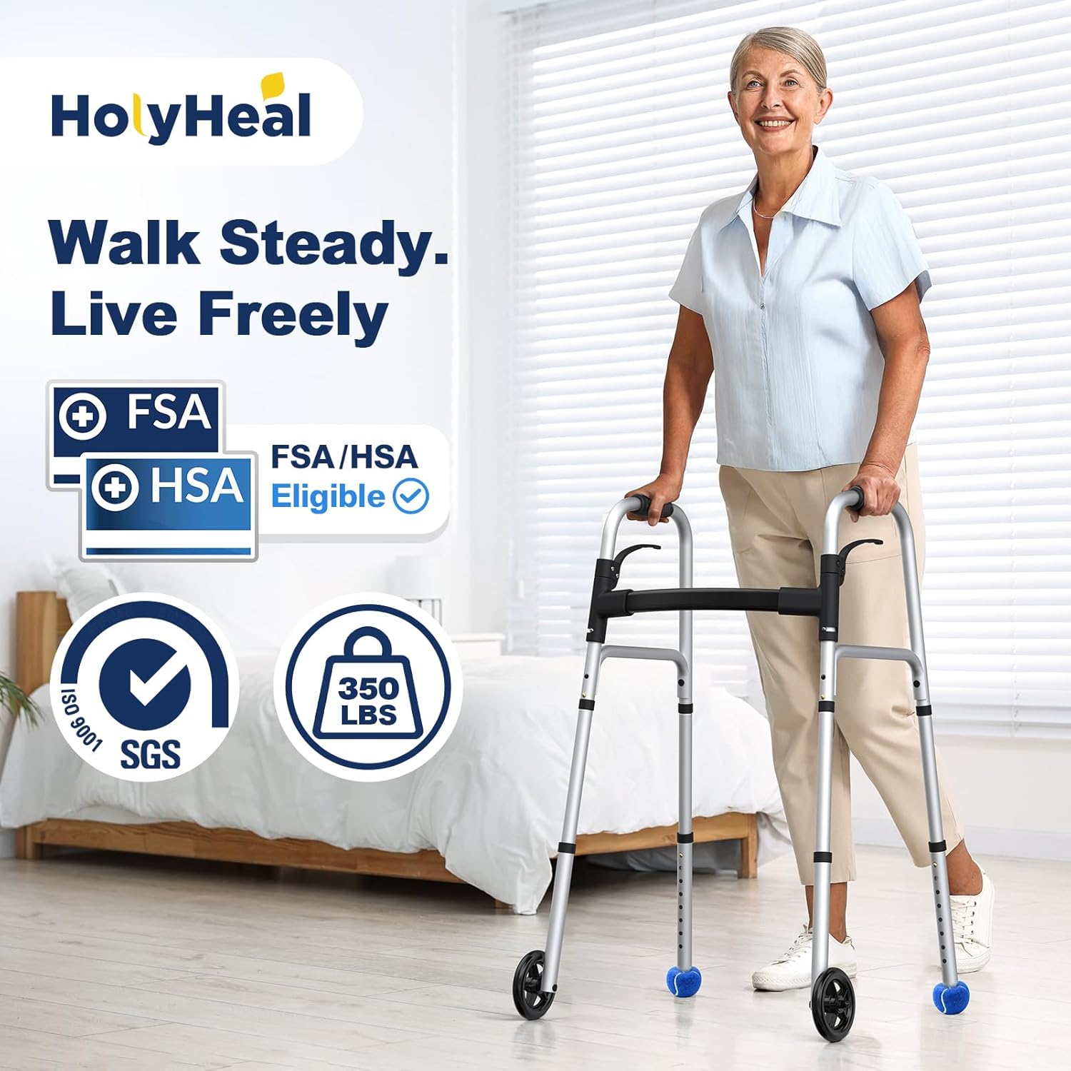 Folding Walker with 2 Precut Tennis Balls, Lightweight Walkers for Seniors with Wheels, Support Up to 350 lbs, Height Adjustable Standard Compact Walker & Ski Glides Silver Walker with Balls