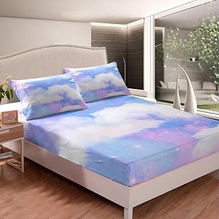 Feelyou Kids Rainbow Fitted Sheet Galaxy Bed Sheet Set Twin Size for Boys Girls Teens Bedroom Decor Outer Space Bedding Set Cloud Blue White Bed Cover Deep Pocket with 1 Pillow Case