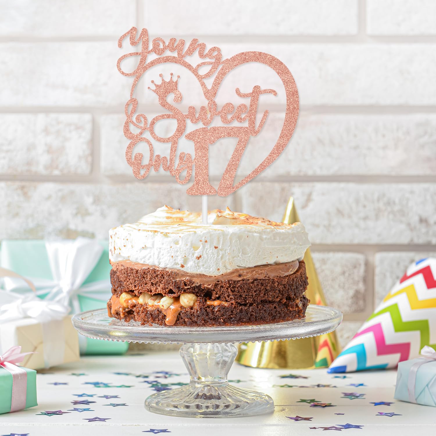 Décoration Gâteau "Young & Sweet 17" - Pour 17 Ans - En Papier Pailleté - Pour Fille Ou Garçon Ado